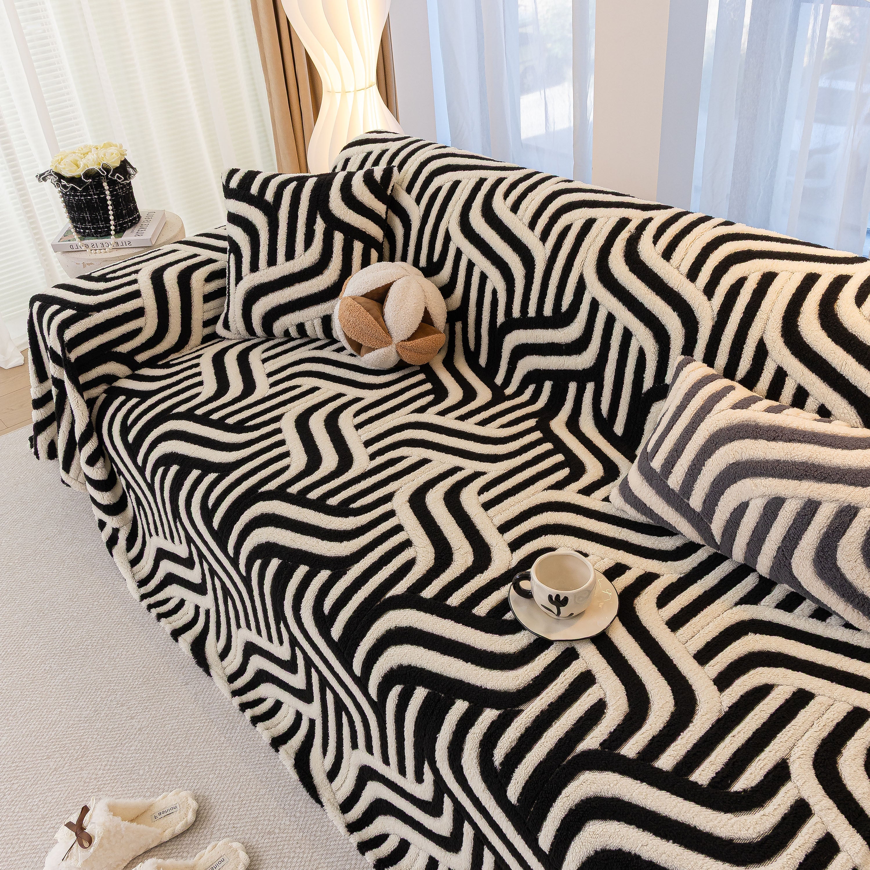 Plush Sherpa Sofa Throw Cover for Sectional, Jacquard Wave Throw Furniture Protector - Image 100