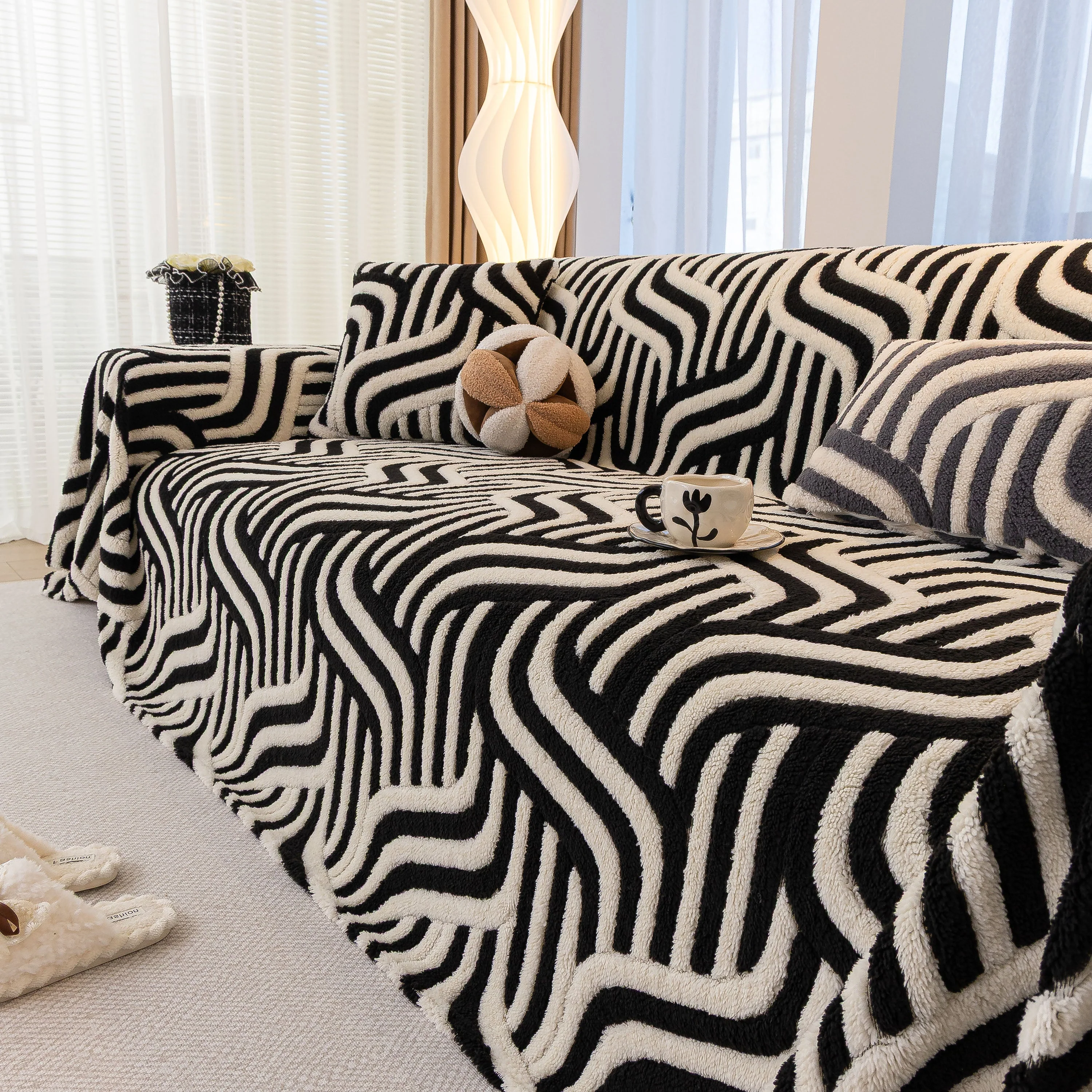 Plush Sherpa Sofa Throw Cover for Sectional, Jacquard Wave Throw Furniture Protector - Image 103