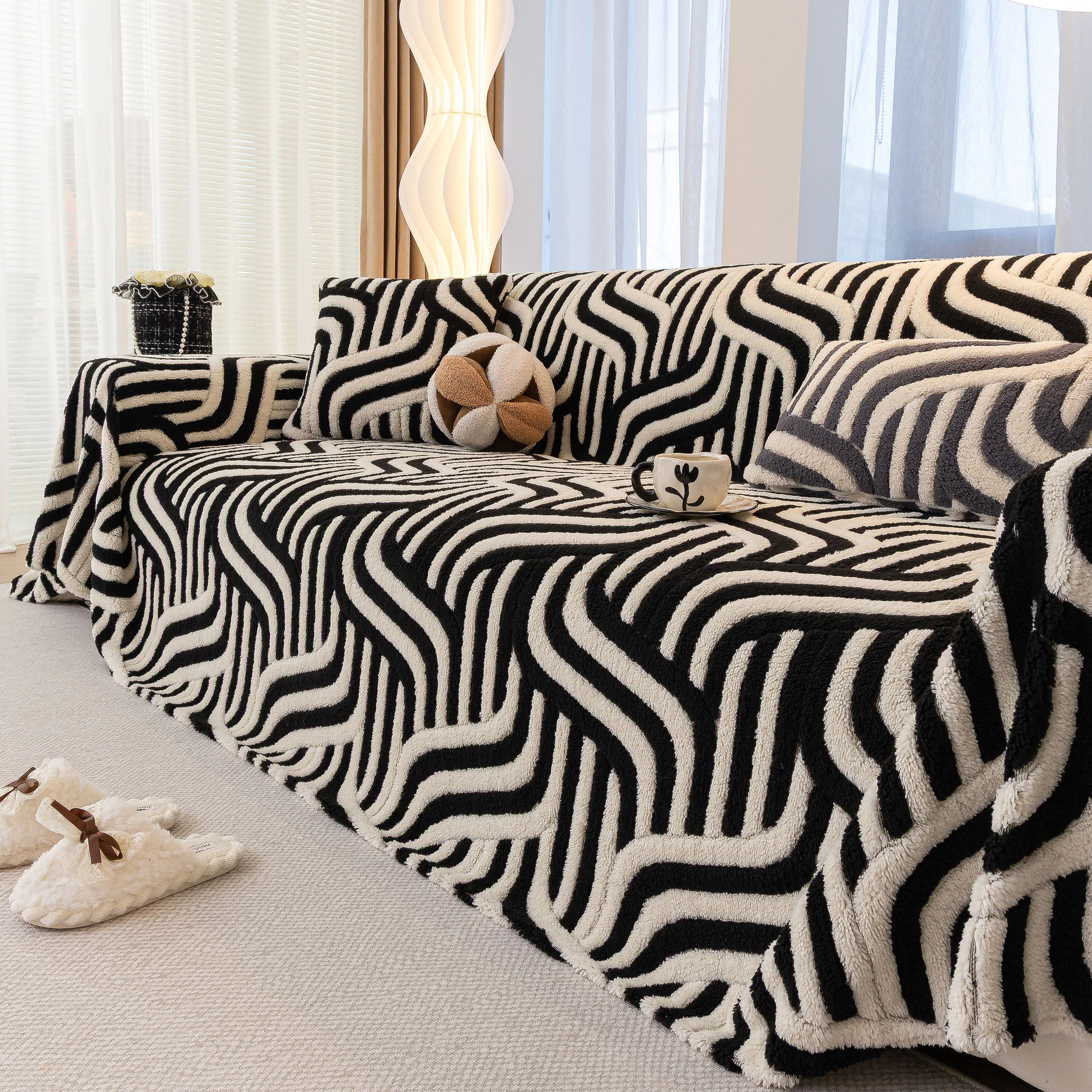 Plush Sherpa Sofa Throw Cover for Sectional, Jacquard Wave Throw Furniture Protector - Image 104