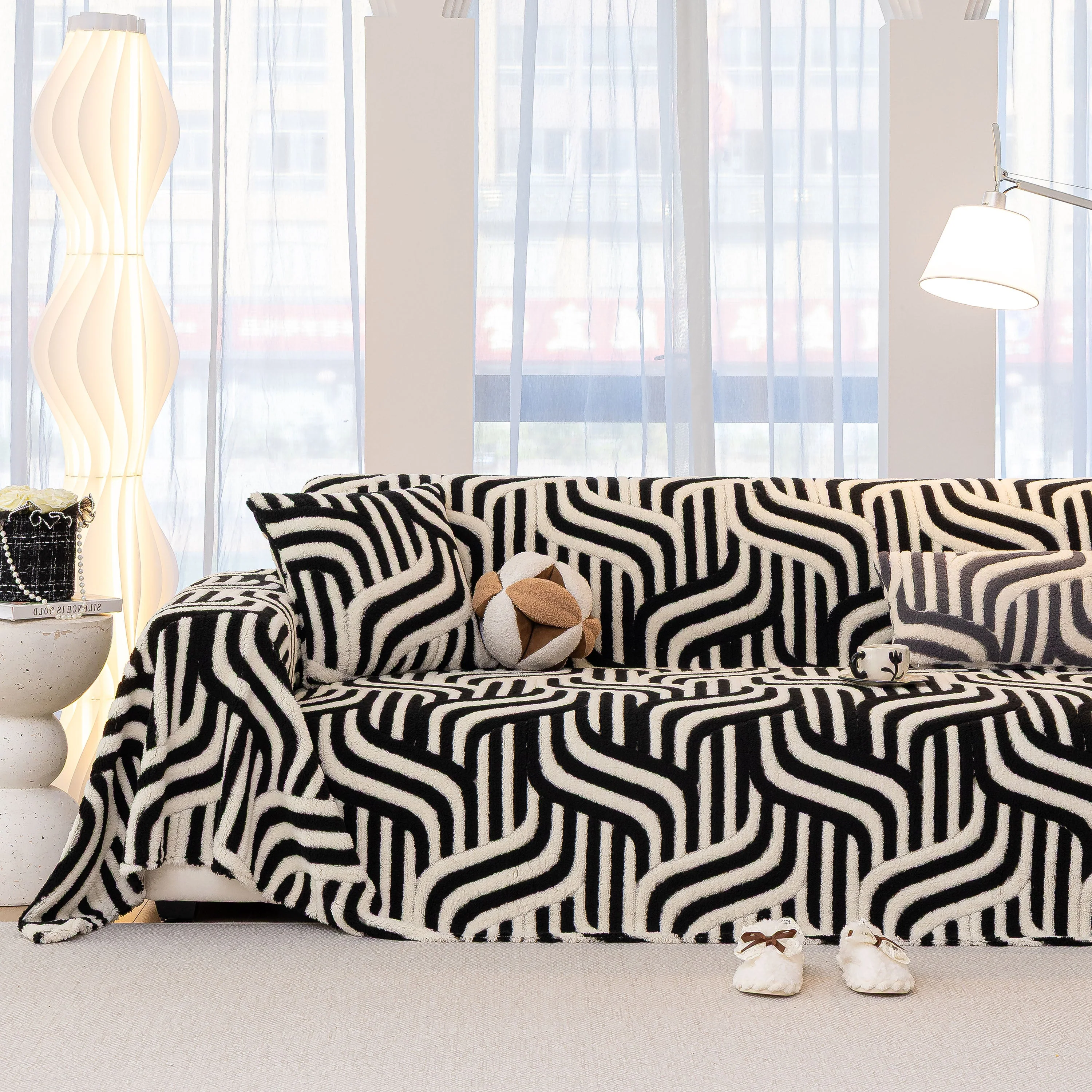 Plush Sherpa Sofa Throw Cover for Sectional, Jacquard Wave Throw Furniture Protector - Image 105