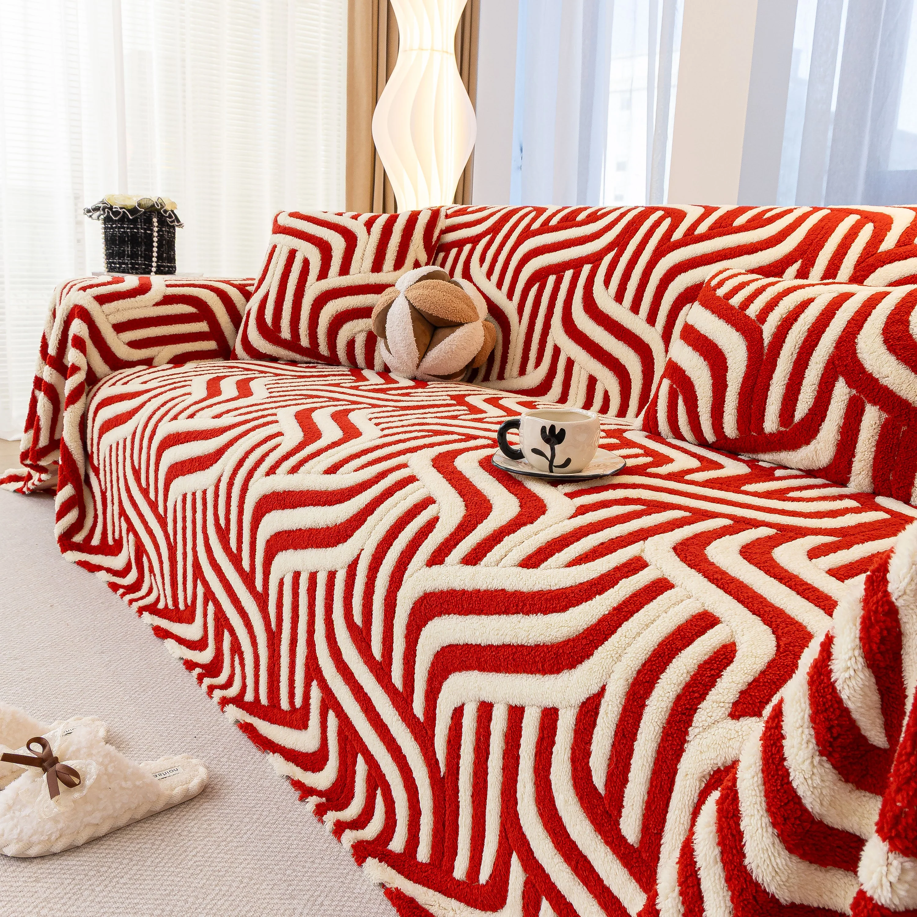 Plush Sherpa Sofa Throw Cover for Sectional, Jacquard Wave Throw Furniture Protector - Image 11