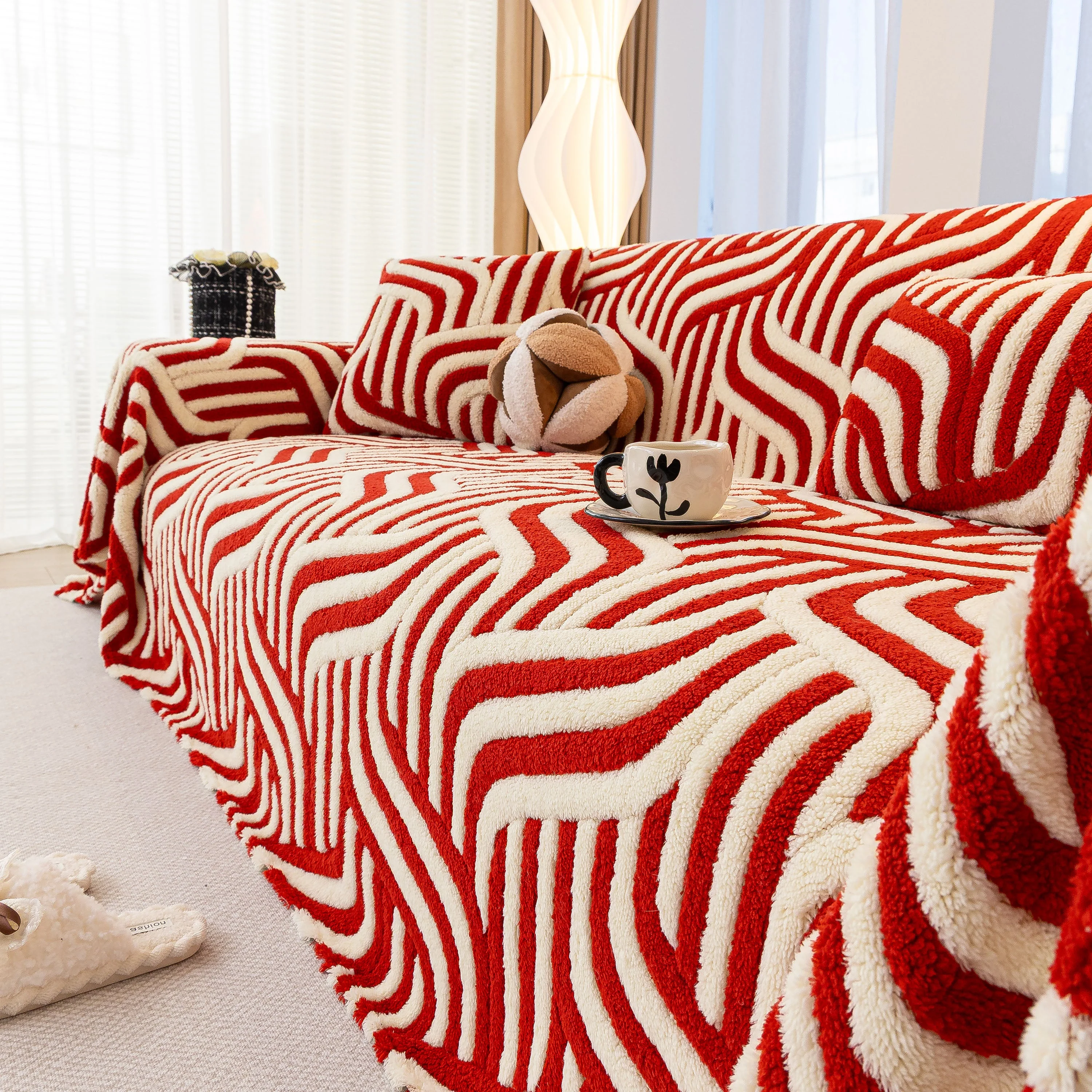 Plush Sherpa Sofa Throw Cover for Sectional, Jacquard Wave Throw Furniture Protector - Image 12
