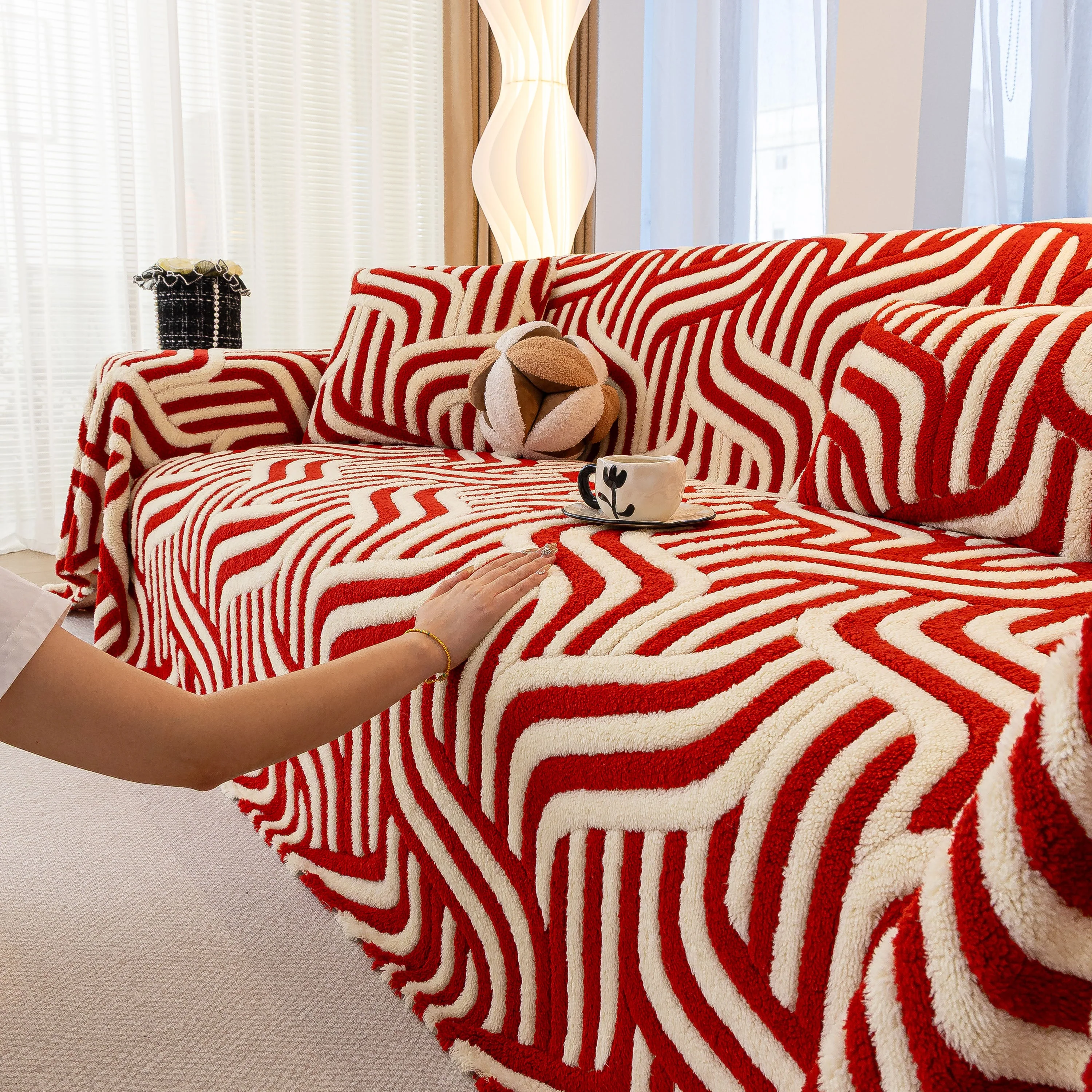 Plush Sherpa Sofa Throw Cover for Sectional, Jacquard Wave Throw Furniture Protector - Image 13
