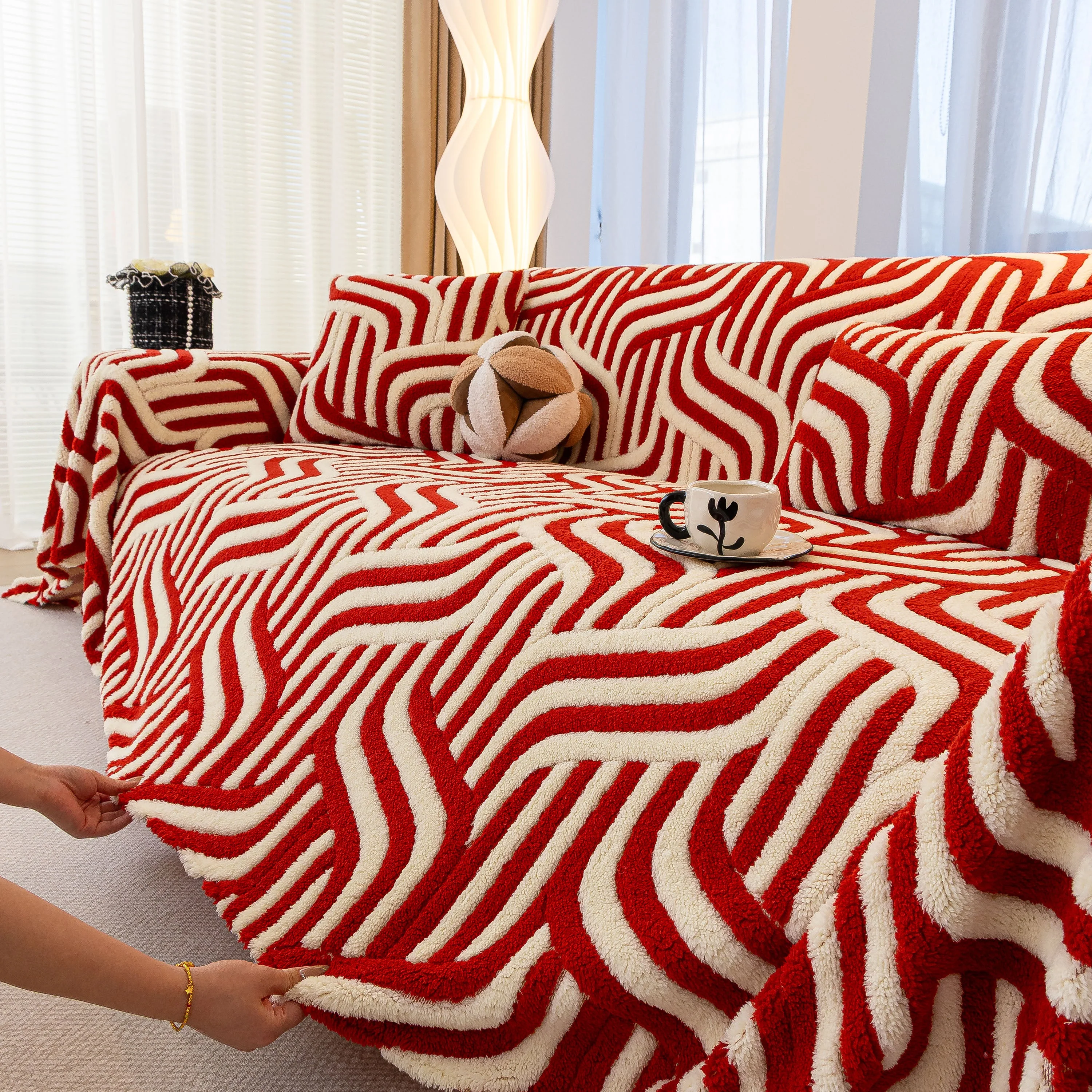 Plush Sherpa Sofa Throw Cover for Sectional, Jacquard Wave Throw Furniture Protector - Image 14