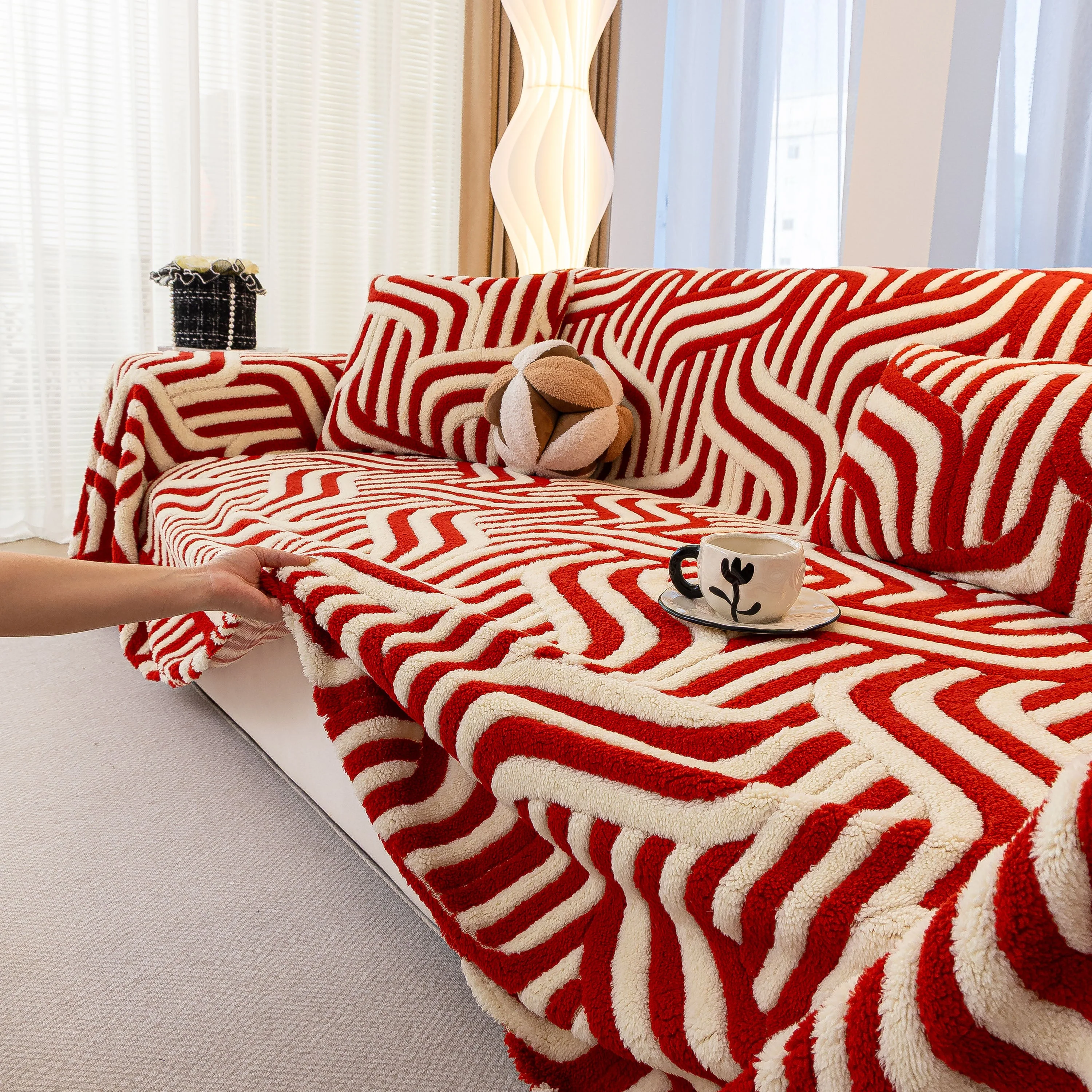Plush Sherpa Sofa Throw Cover for Sectional, Jacquard Wave Throw Furniture Protector - Image 15