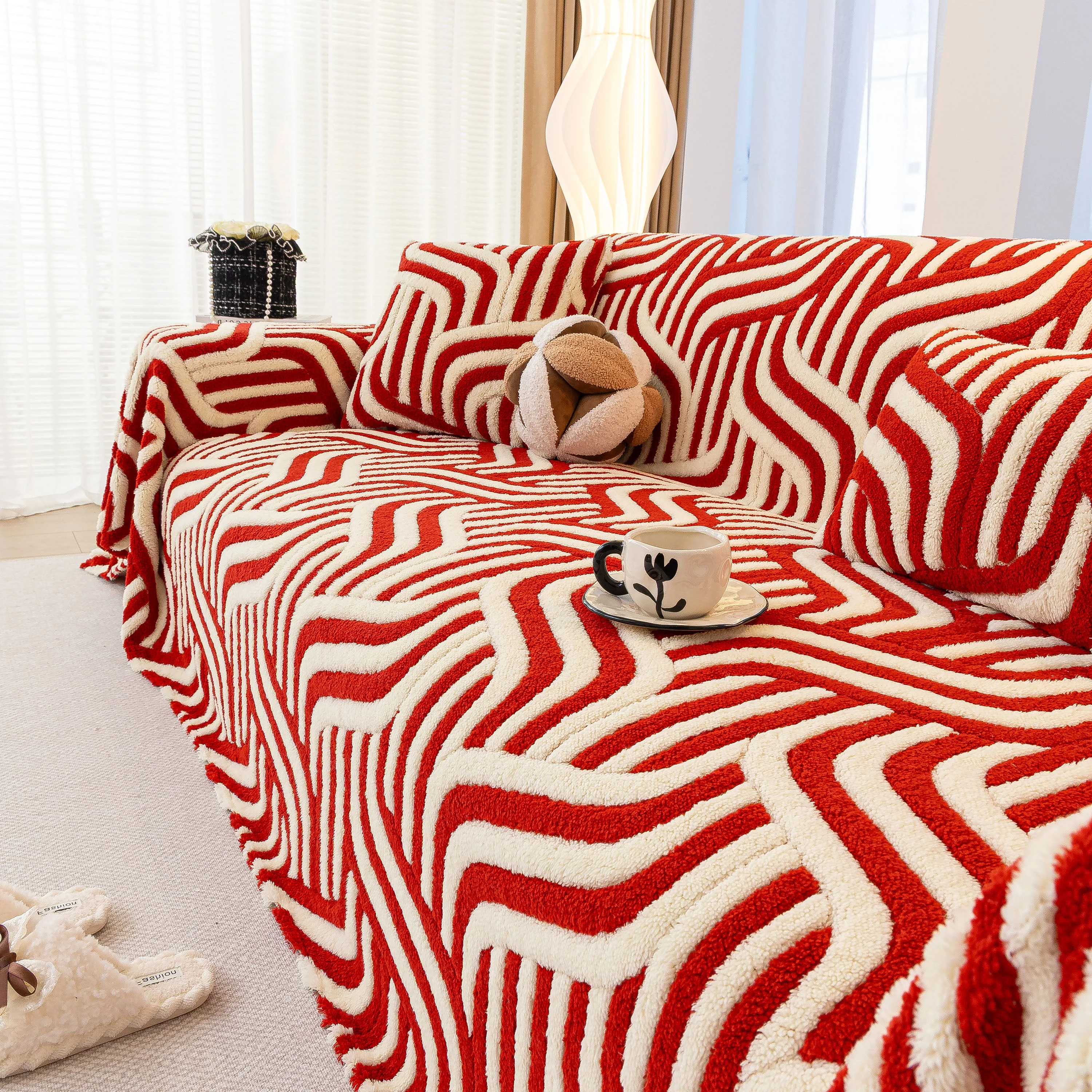 Plush Sherpa Sofa Throw Cover for Sectional, Jacquard Wave Throw Furniture Protector - Image 17