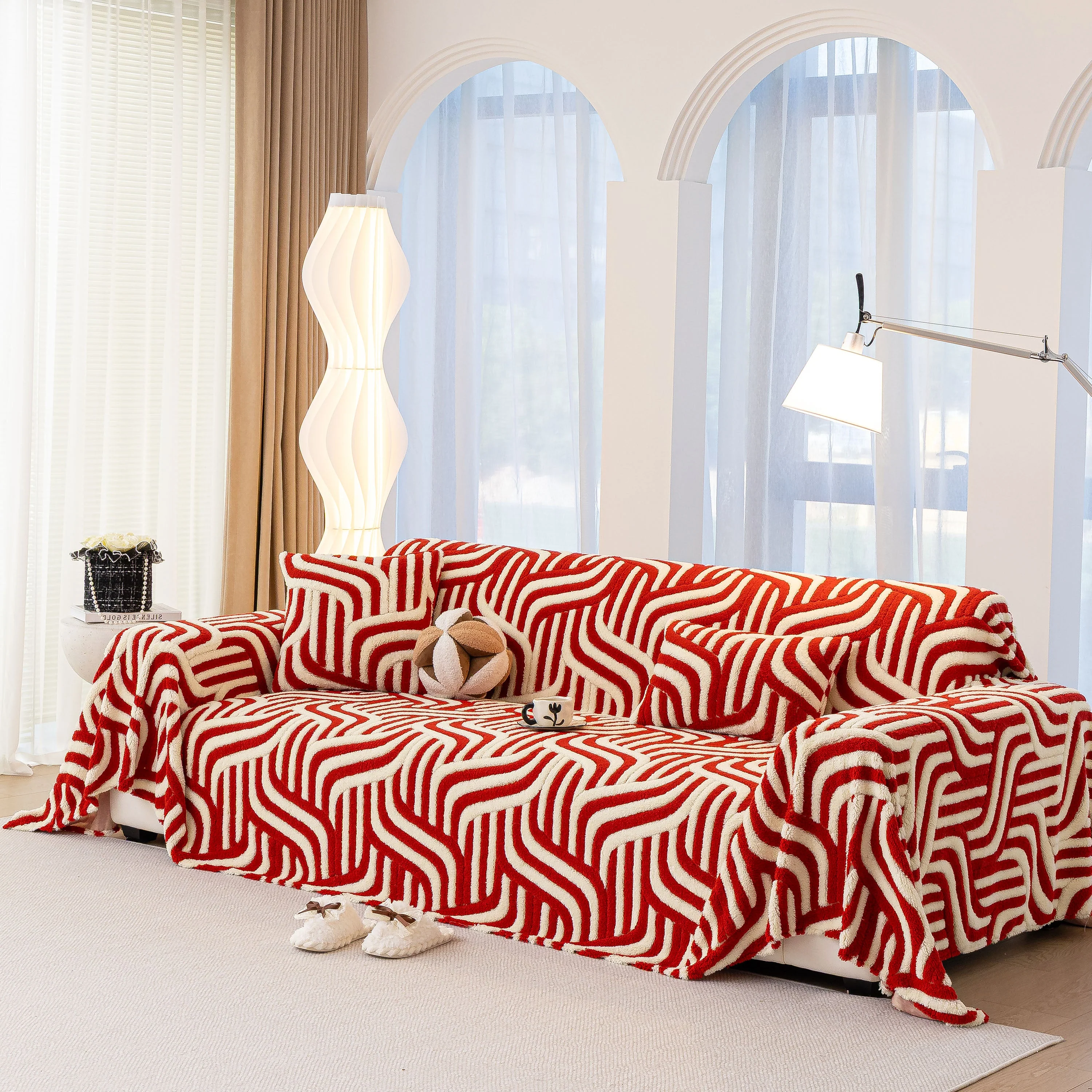 Plush Sherpa Sofa Throw Cover for Sectional, Jacquard Wave Throw Furniture Protector - Image 2
