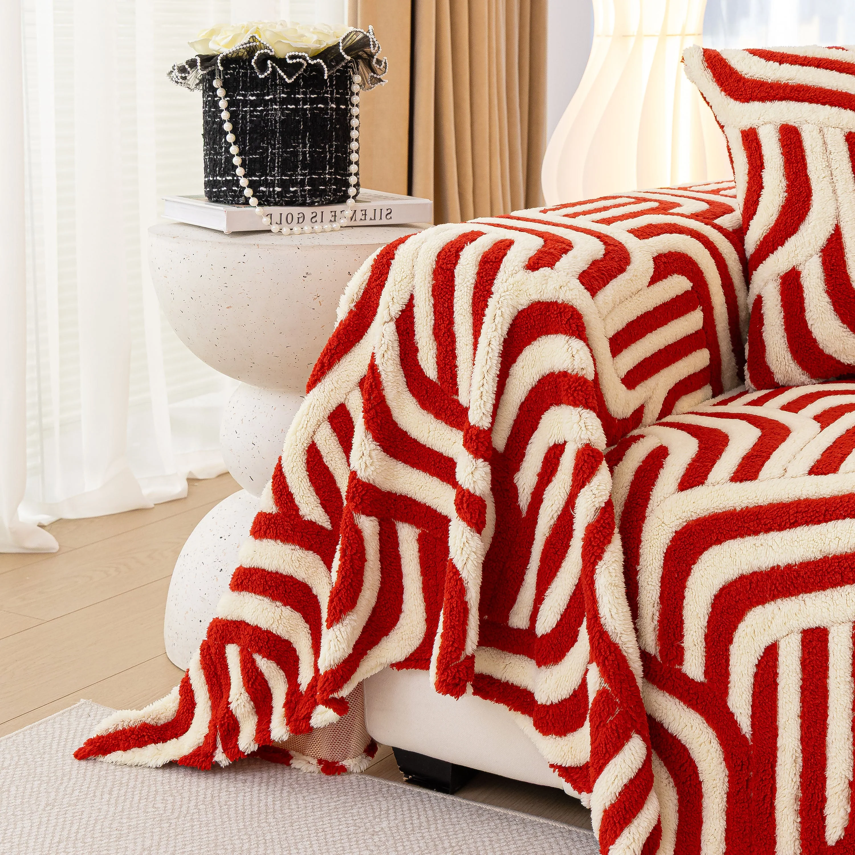 Plush Sherpa Sofa Throw Cover for Sectional, Jacquard Wave Throw Furniture Protector - Image 21