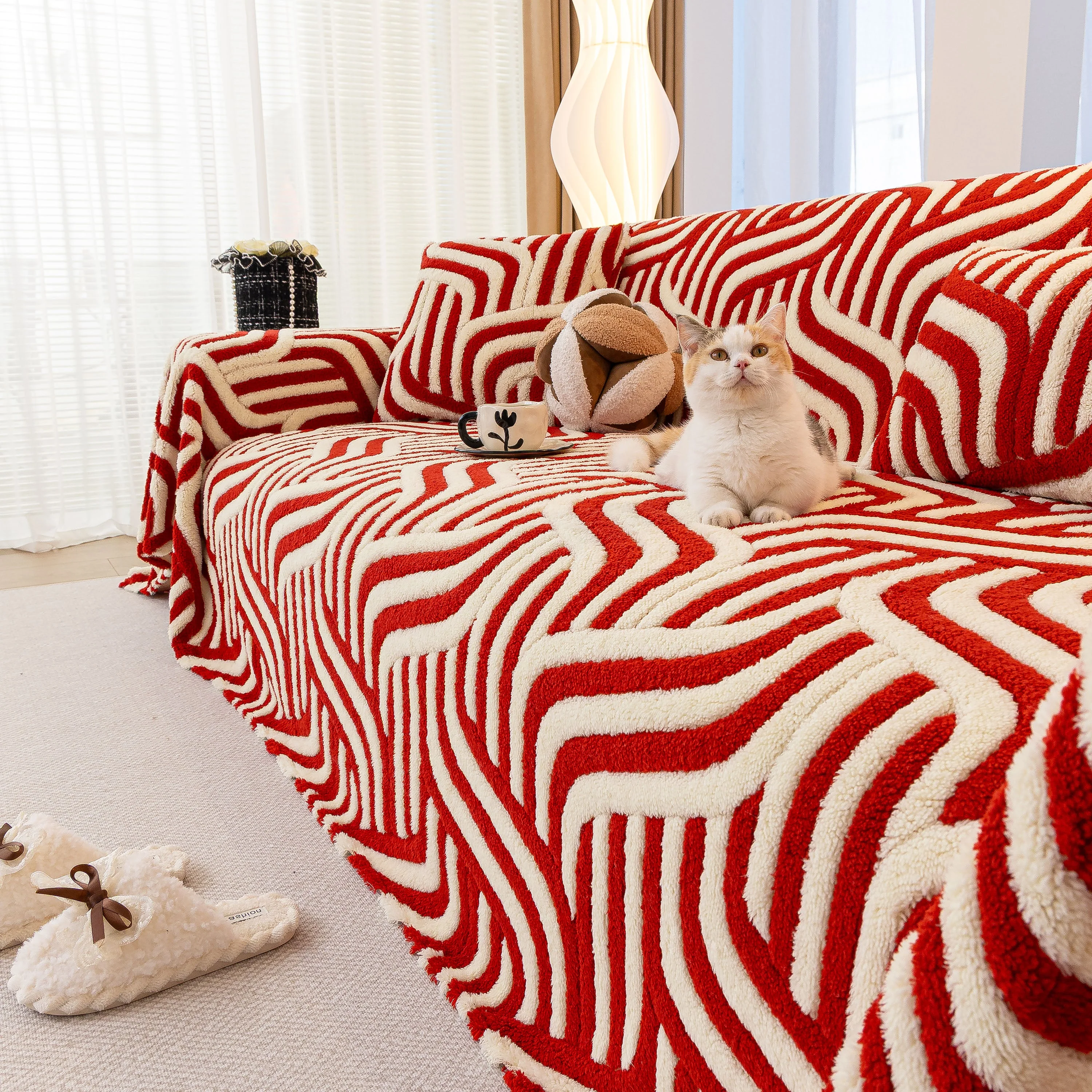 Plush Sherpa Sofa Throw Cover for Sectional, Jacquard Wave Throw Furniture Protector - Image 22