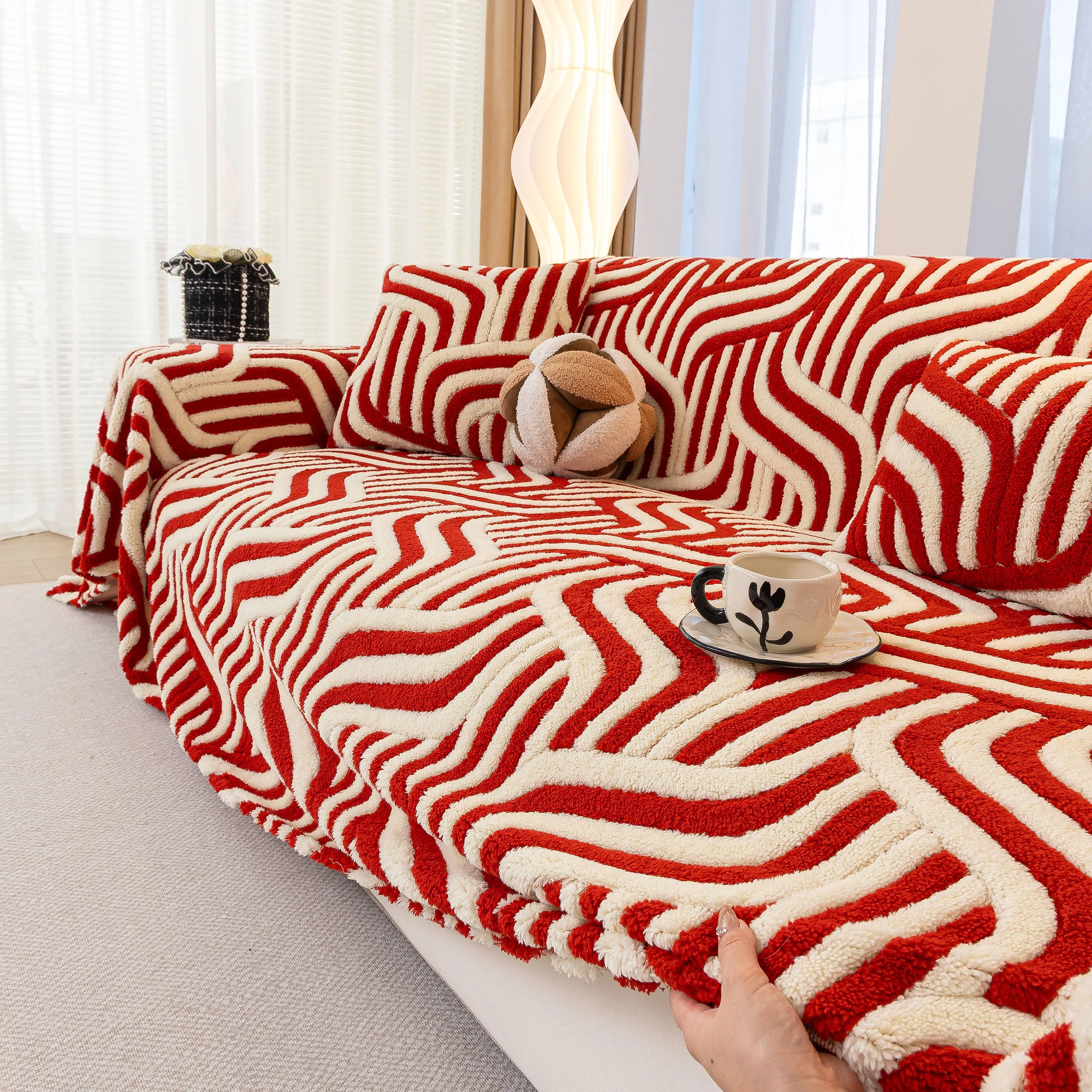 Plush Sherpa Sofa Throw Cover for Sectional, Jacquard Wave Throw Furniture Protector - Image 23