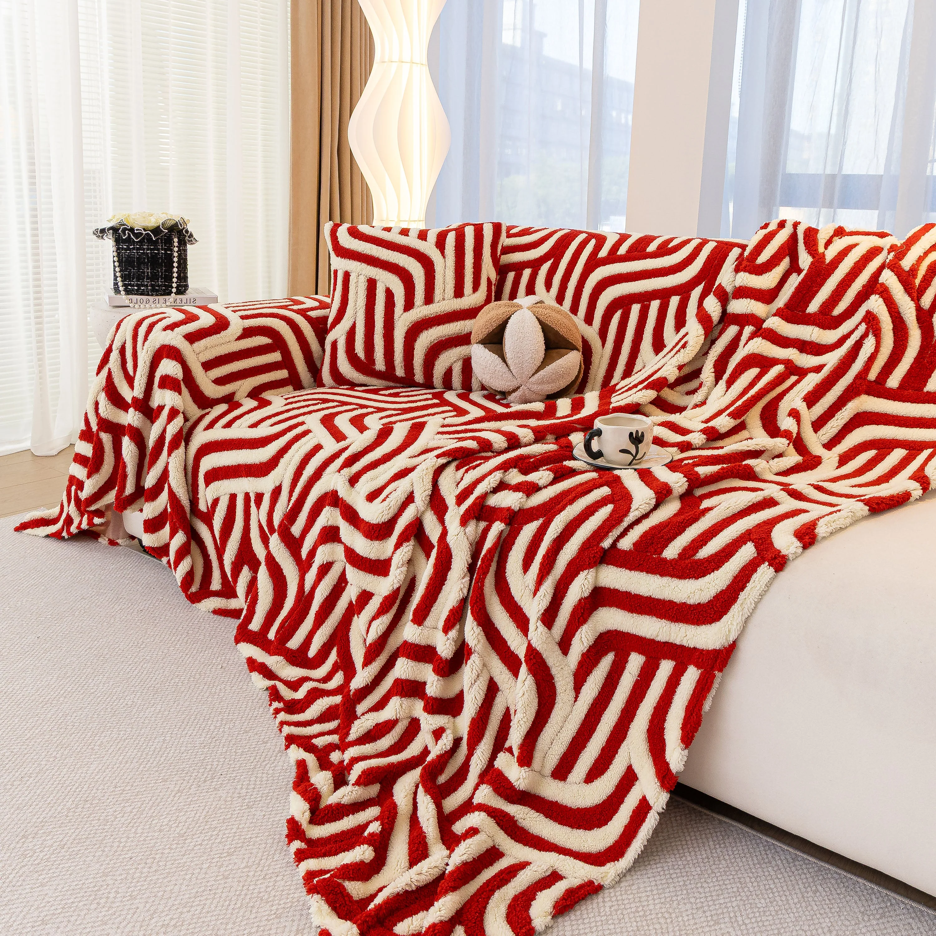 Plush Sherpa Sofa Throw Cover for Sectional, Jacquard Wave Throw Furniture Protector - Image 24
