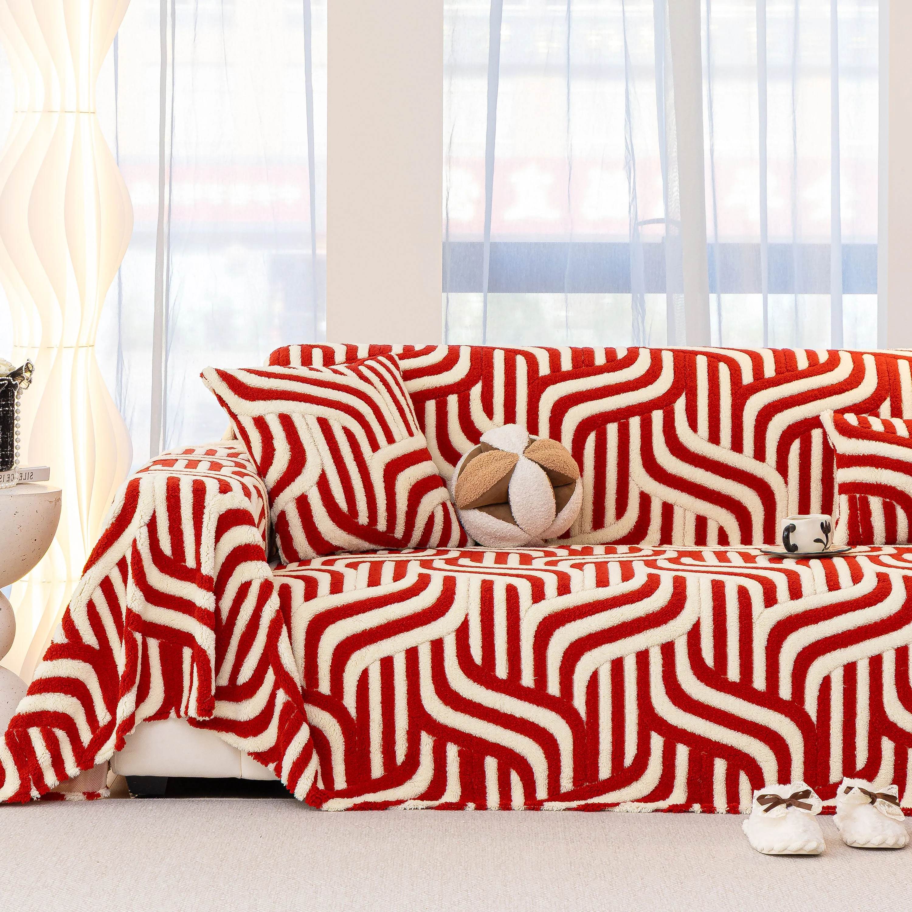 Plush Sherpa Sofa Throw Cover for Sectional, Jacquard Wave Throw Furniture Protector - Image 26