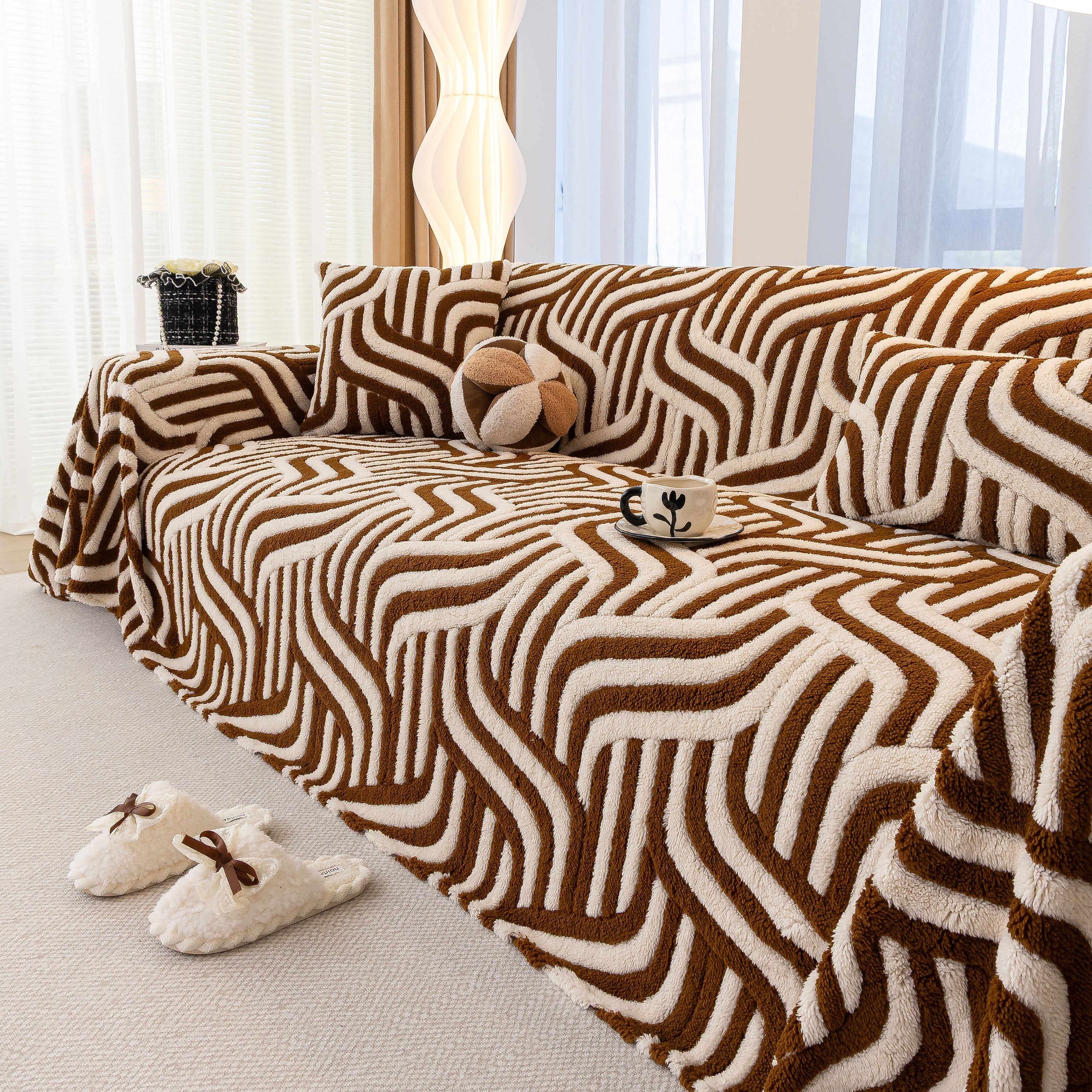 Plush Sherpa Sofa Throw Cover for Sectional, Jacquard Wave Throw Furniture Protector - Image 27