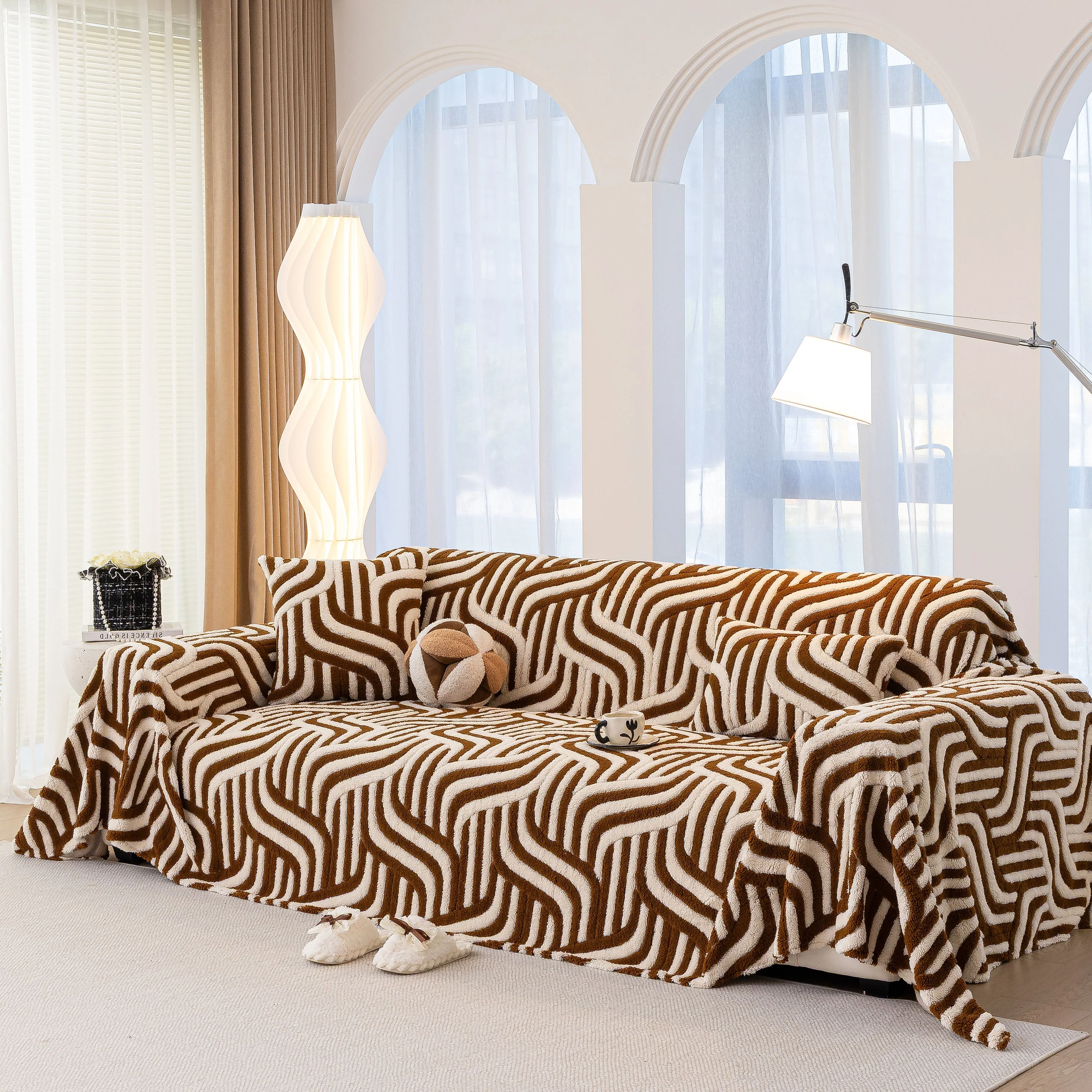 Plush Sherpa Sofa Throw Cover for Sectional, Jacquard Wave Throw Furniture Protector - Image 28
