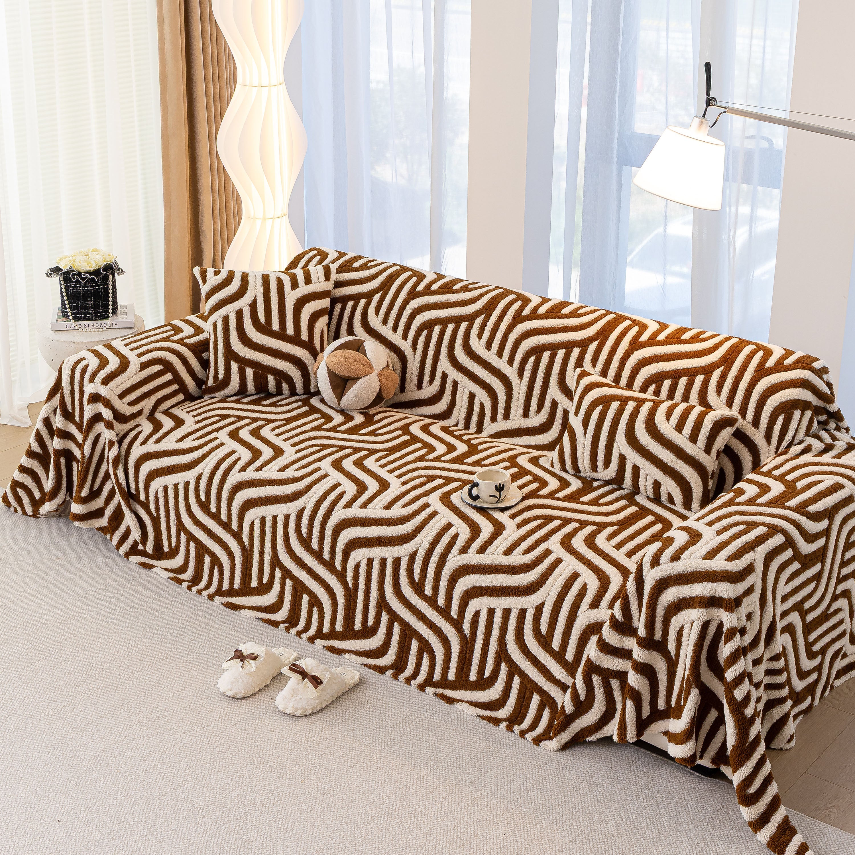 Plush Sherpa Sofa Throw Cover for Sectional, Jacquard Wave Throw Furniture Protector - Image 29