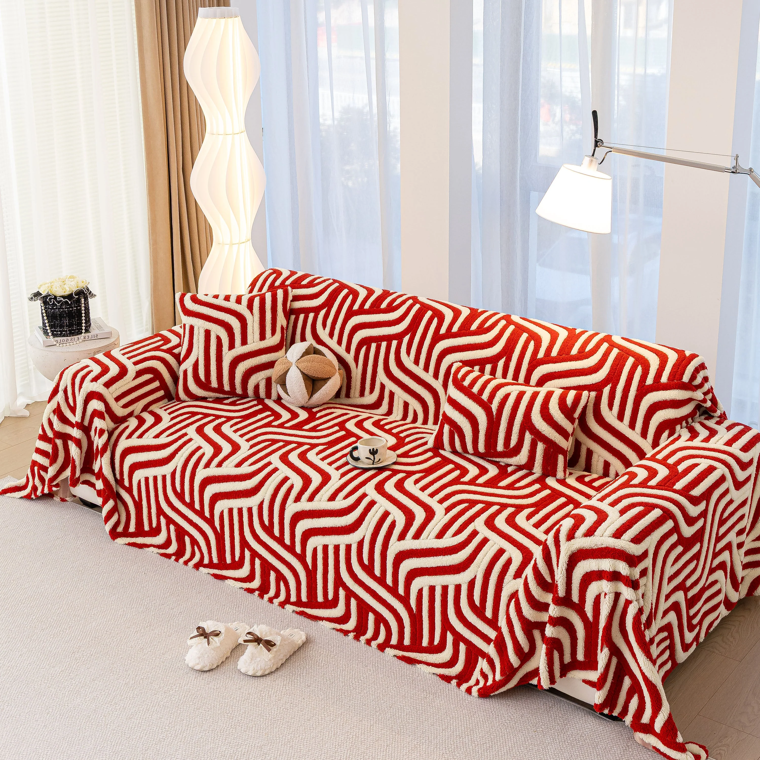 Plush Sherpa Sofa Throw Cover for Sectional, Jacquard Wave Throw Furniture Protector - Image 3