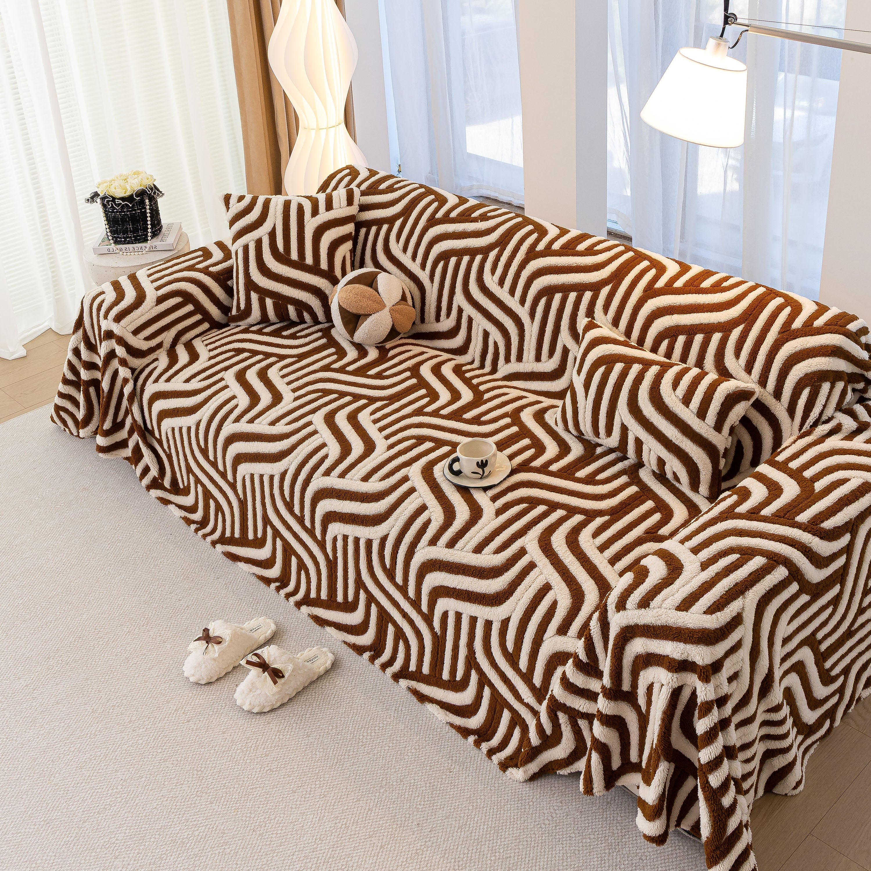 Plush Sherpa Sofa Throw Cover for Sectional, Jacquard Wave Throw Furniture Protector - Image 30