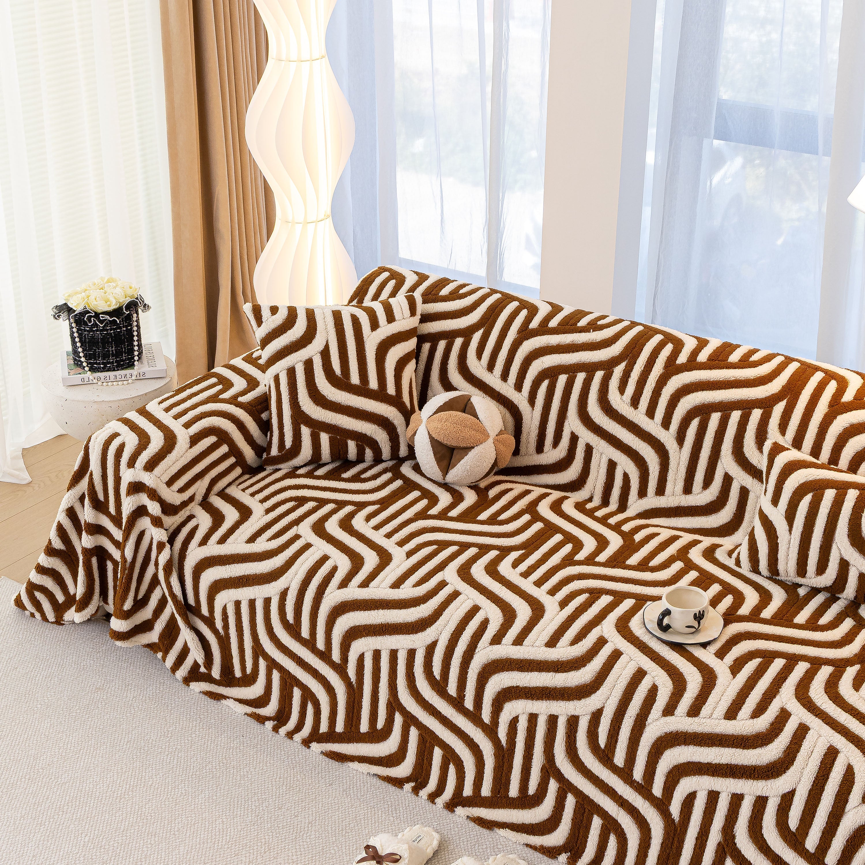 Plush Sherpa Sofa Throw Cover for Sectional, Jacquard Wave Throw Furniture Protector - Image 31