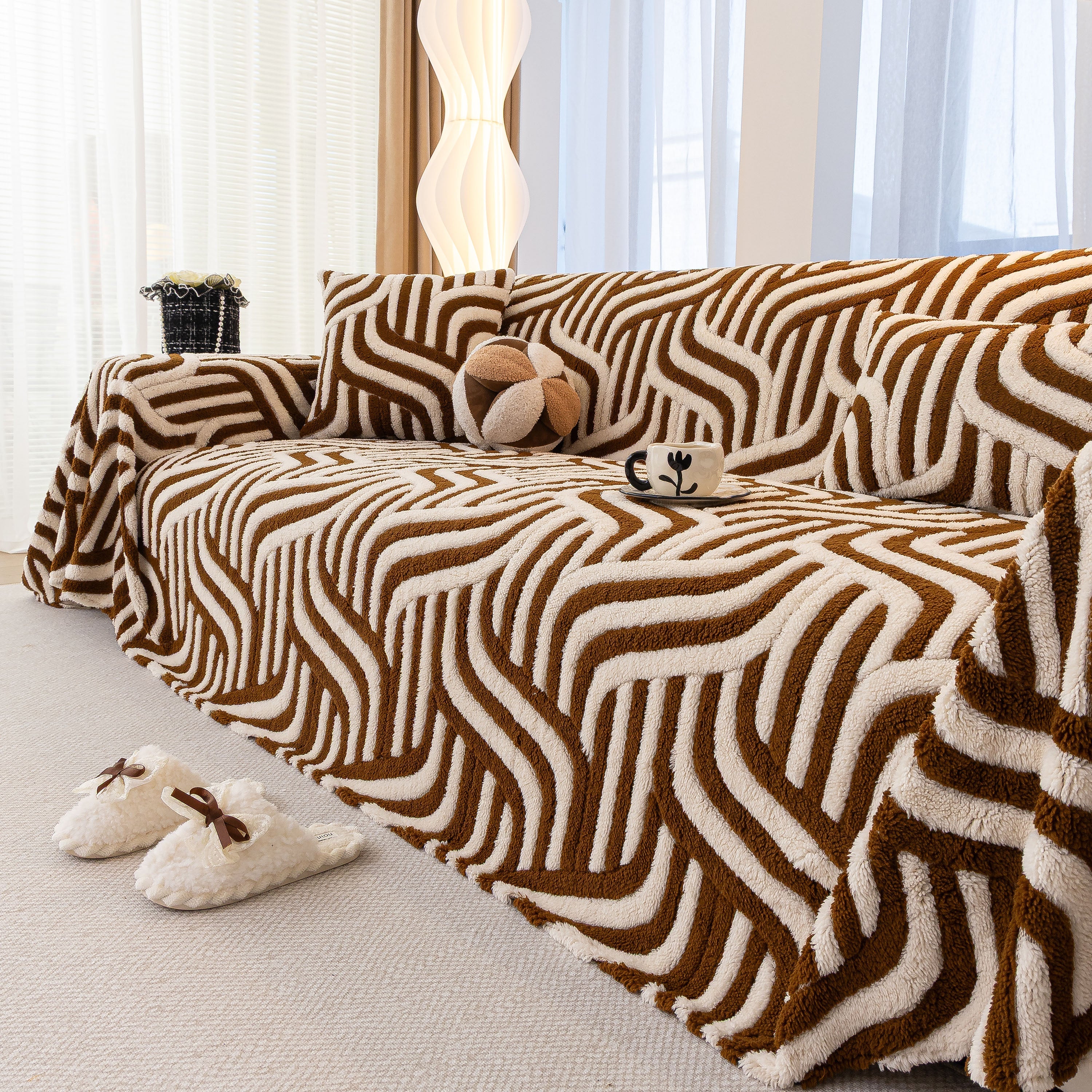 Plush Sherpa Sofa Throw Cover for Sectional, Jacquard Wave Throw Furniture Protector - Image 32