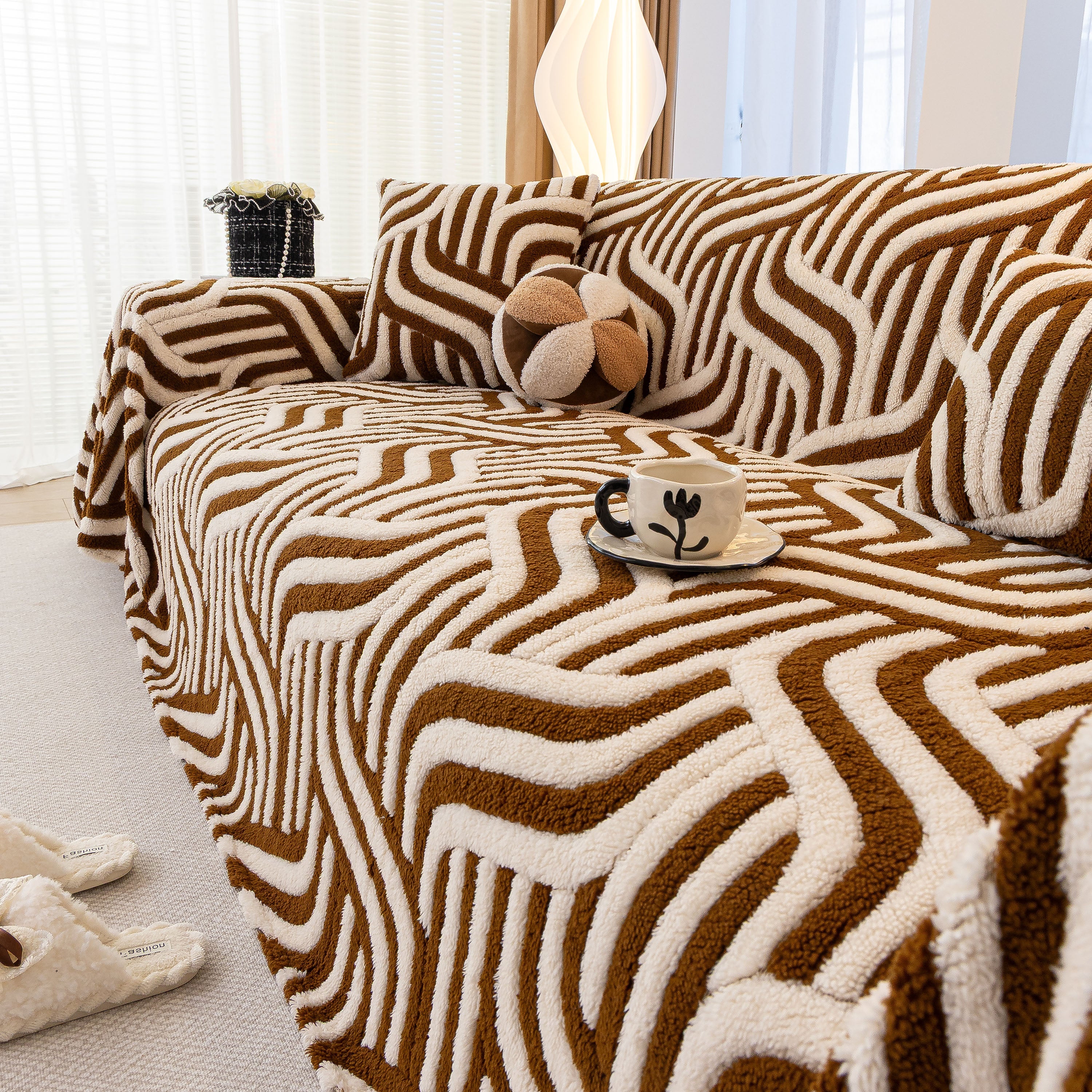 Plush Sherpa Sofa Throw Cover for Sectional, Jacquard Wave Throw Furniture Protector - Image 33