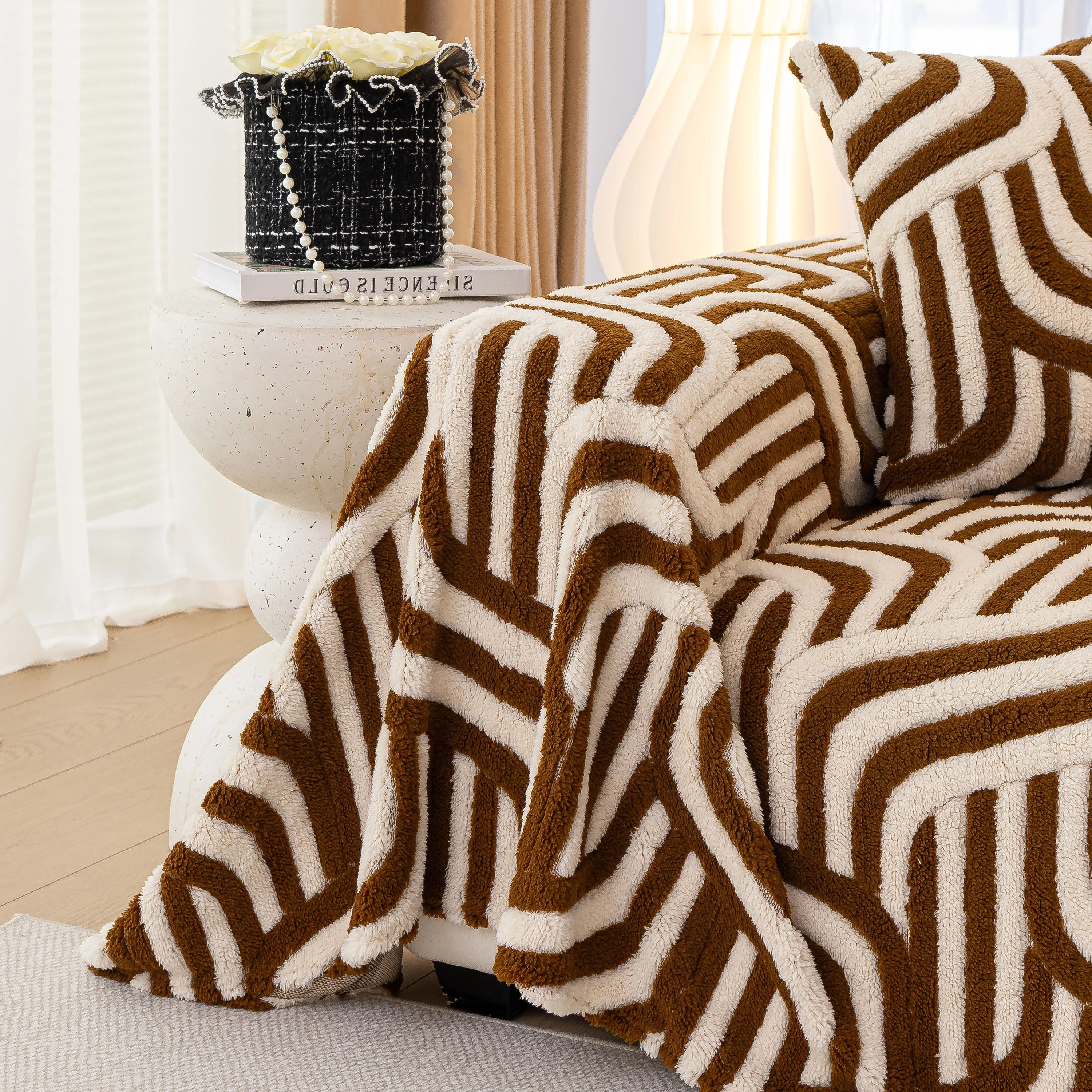 Plush Sherpa Sofa Throw Cover for Sectional, Jacquard Wave Throw Furniture Protector - Image 34