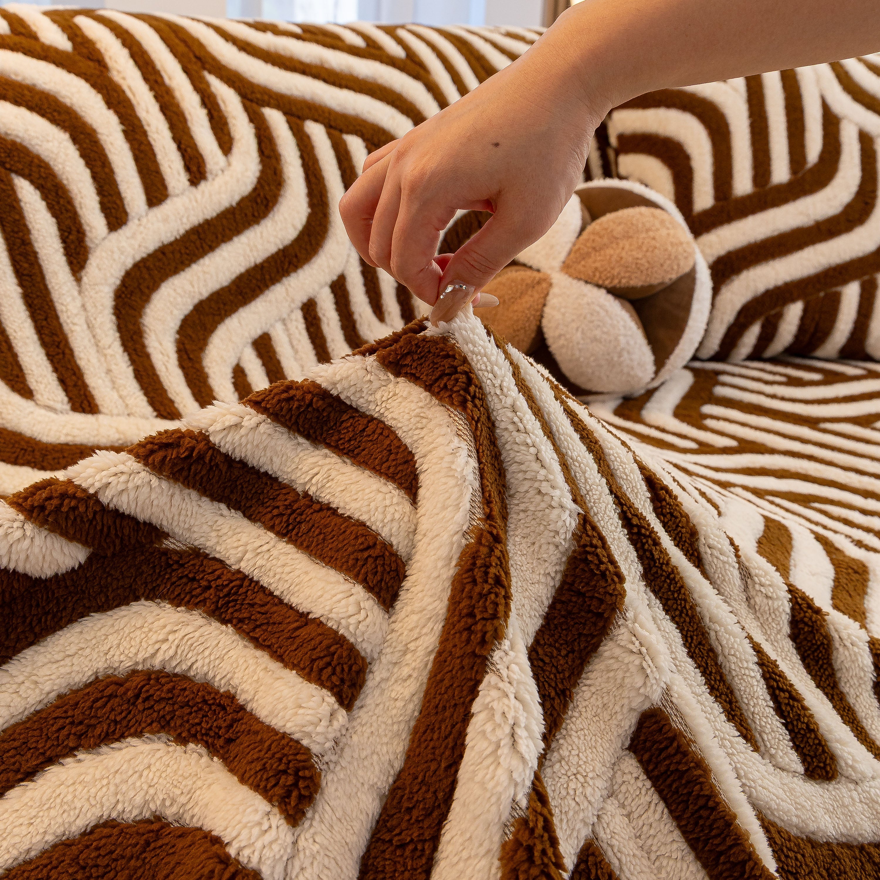 Plush Sherpa Sofa Throw Cover for Sectional, Jacquard Wave Throw Furniture Protector - Image 38