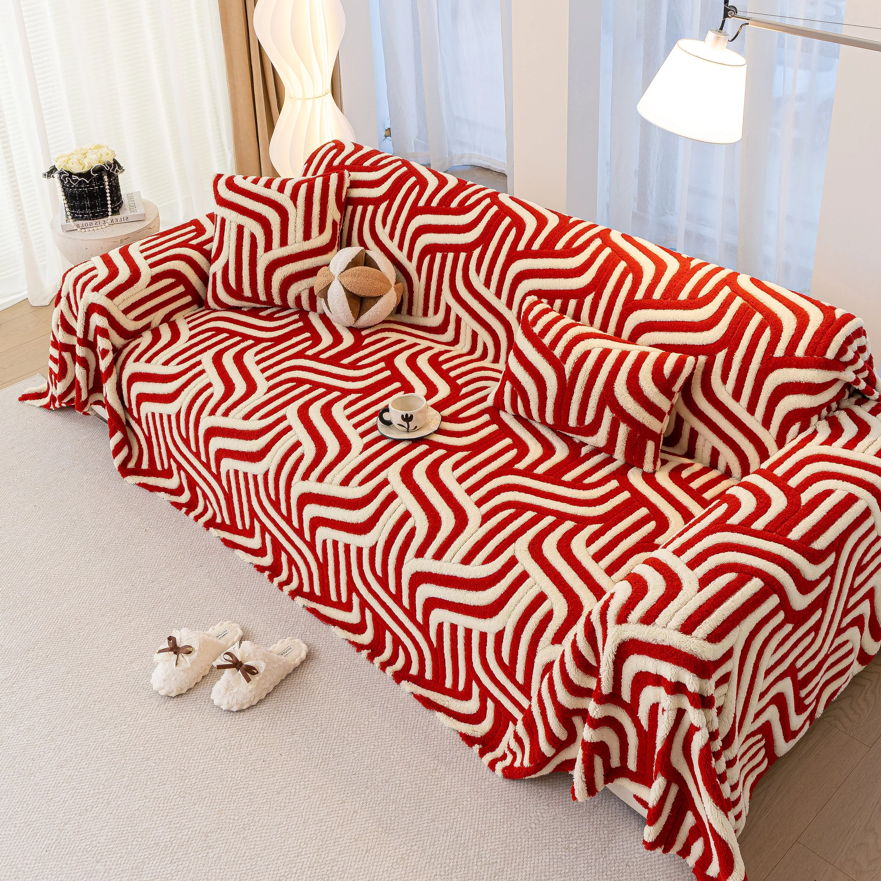 Plush Sherpa Sofa Throw Cover for Sectional, Jacquard Wave Throw Furniture Protector - Image 4