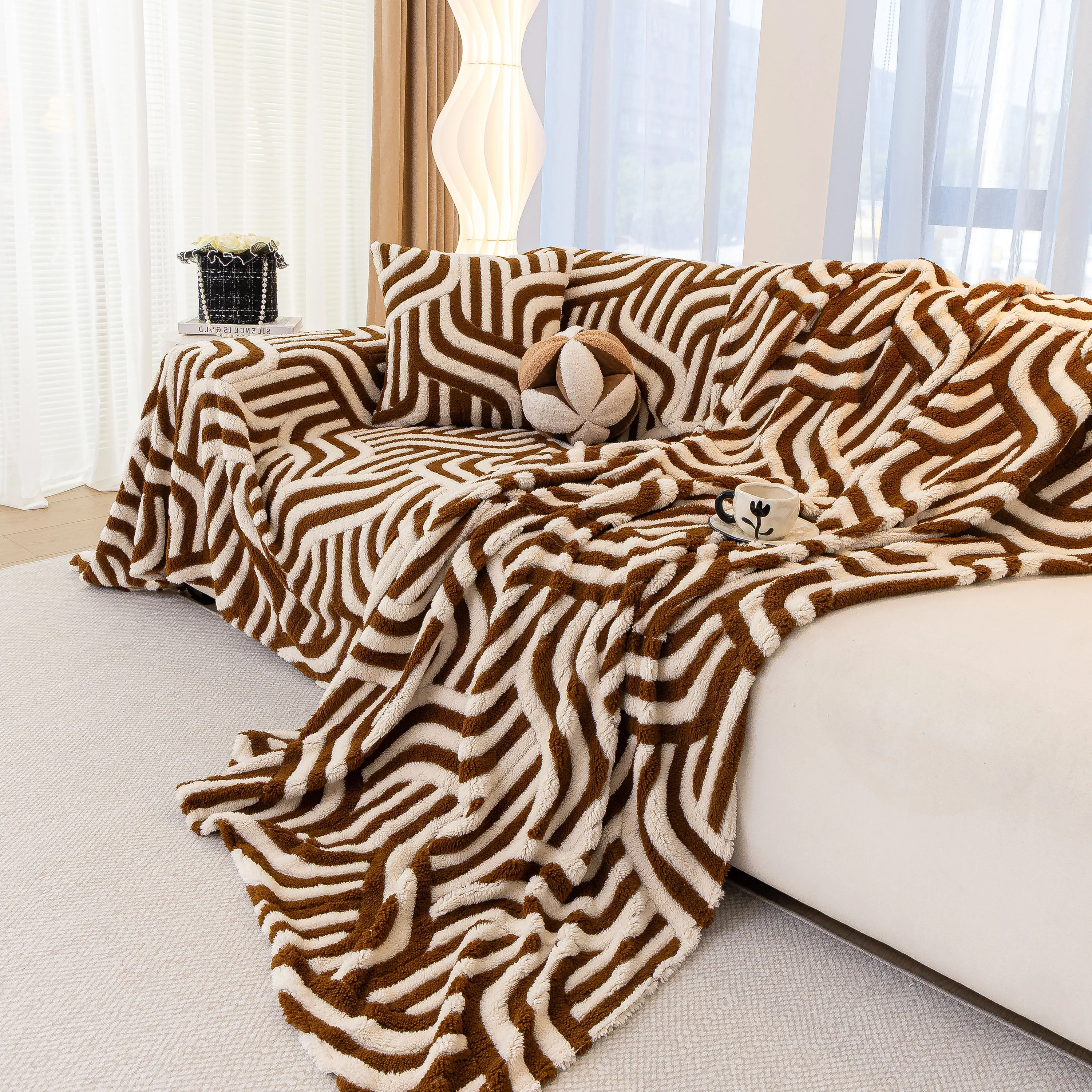 Plush Sherpa Sofa Throw Cover for Sectional, Jacquard Wave Throw Furniture Protector - Image 40