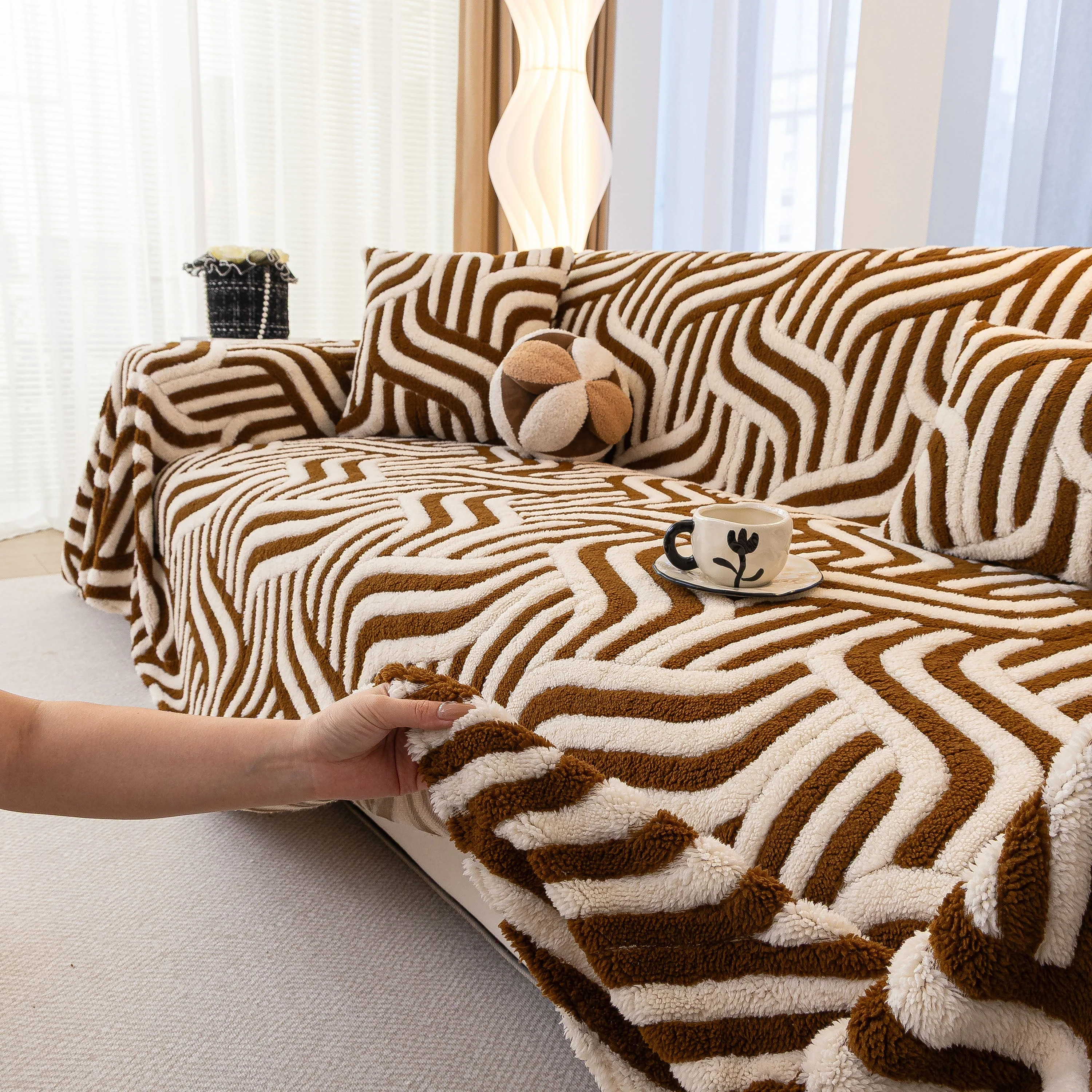 Plush Sherpa Sofa Throw Cover for Sectional, Jacquard Wave Throw Furniture Protector - Image 43