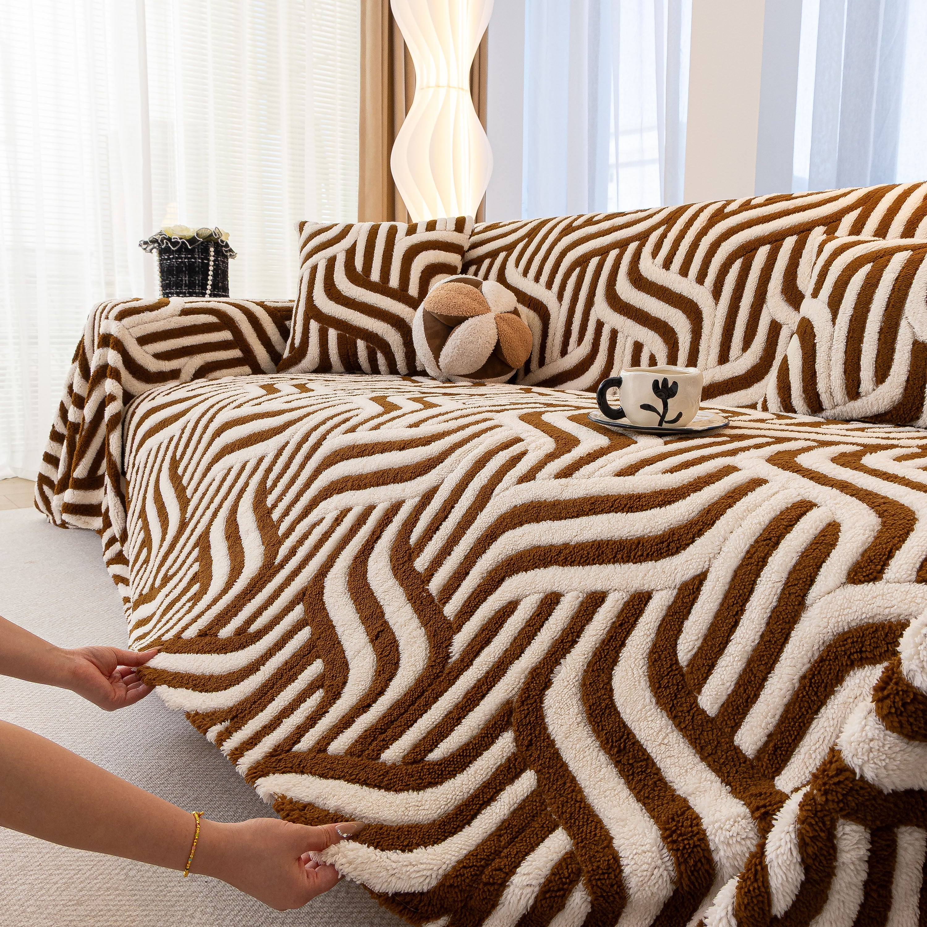 Plush Sherpa Sofa Throw Cover for Sectional, Jacquard Wave Throw Furniture Protector - Image 44
