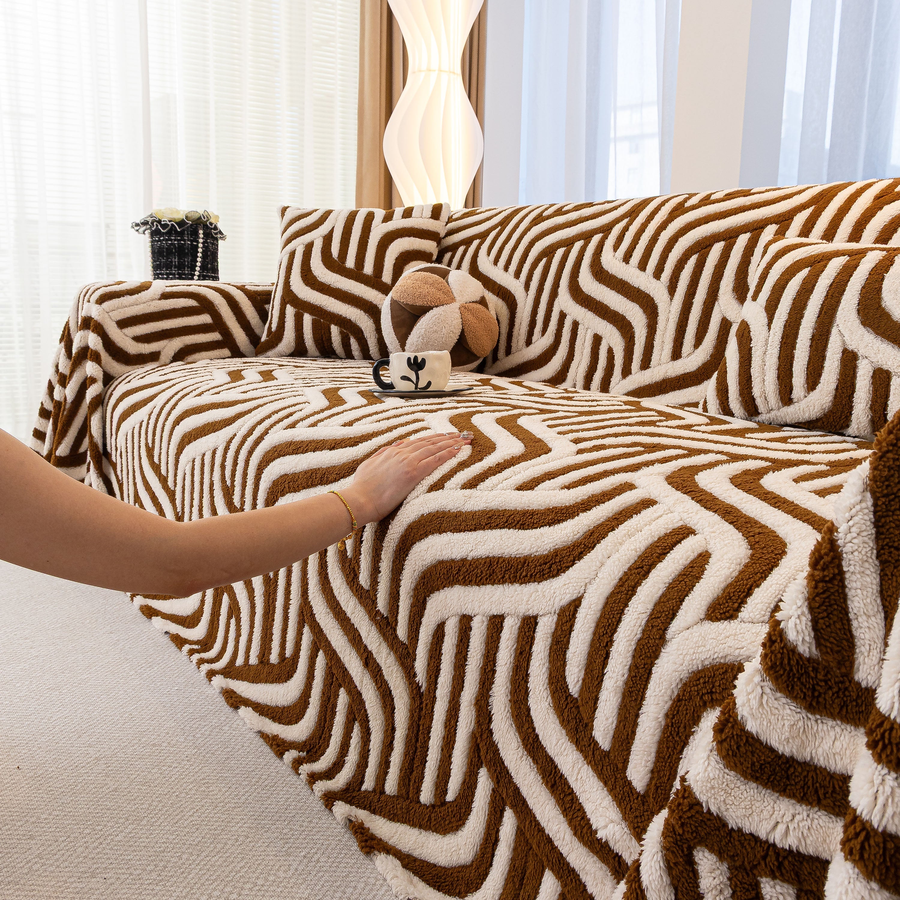 Plush Sherpa Sofa Throw Cover for Sectional, Jacquard Wave Throw Furniture Protector - Image 45