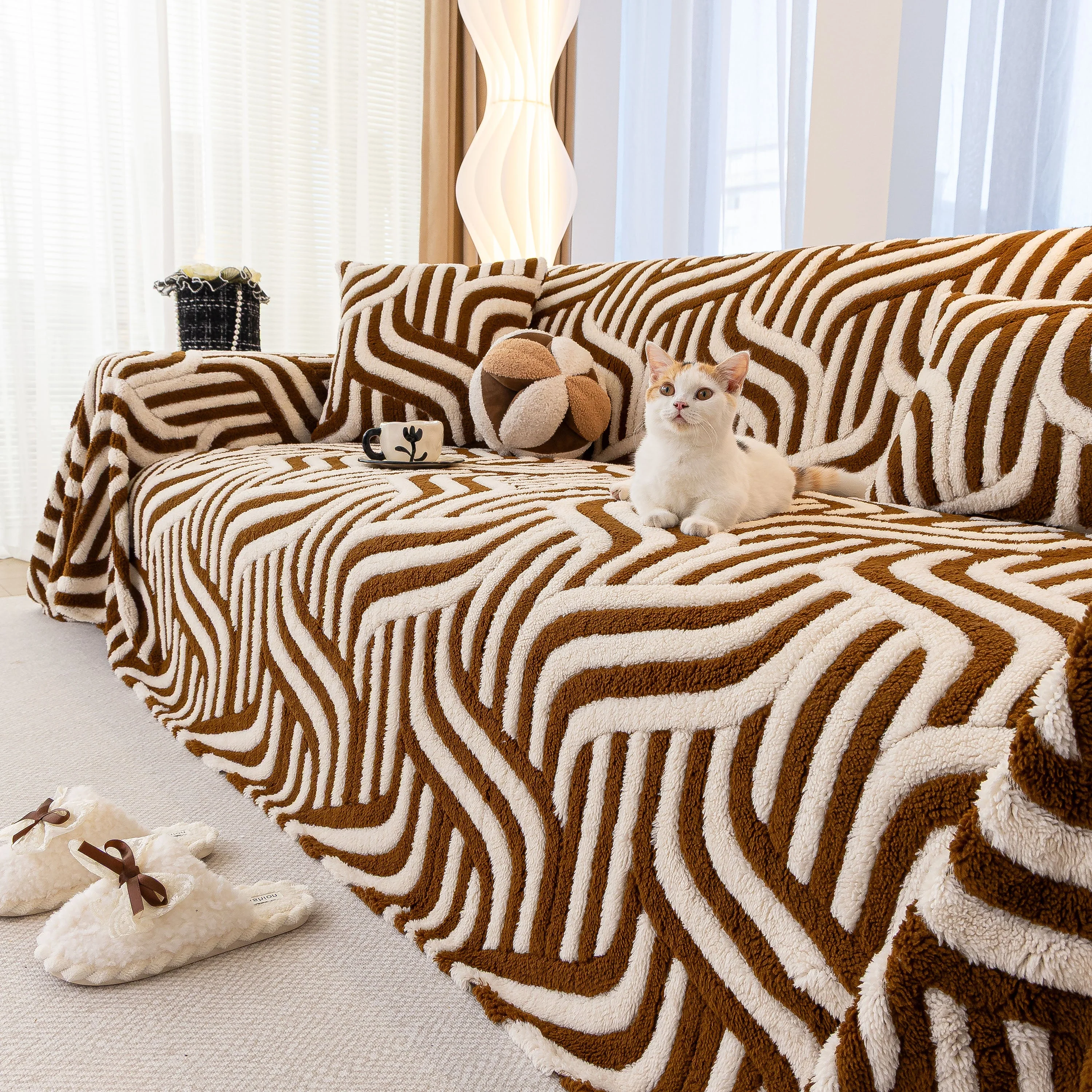 Plush Sherpa Sofa Throw Cover for Sectional, Jacquard Wave Throw Furniture Protector - Image 47