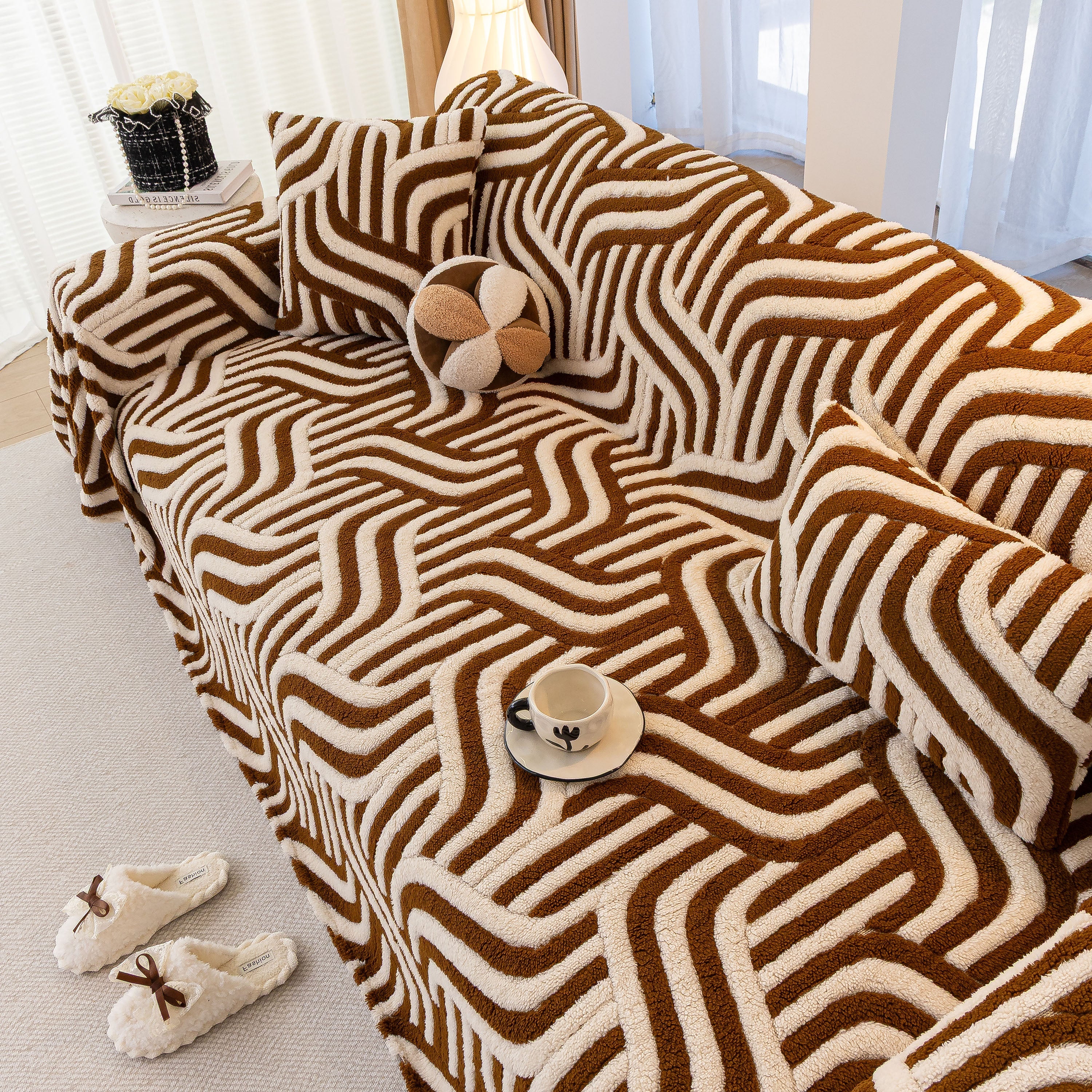 Plush Sherpa Sofa Throw Cover for Sectional, Jacquard Wave Throw Furniture Protector - Image 48