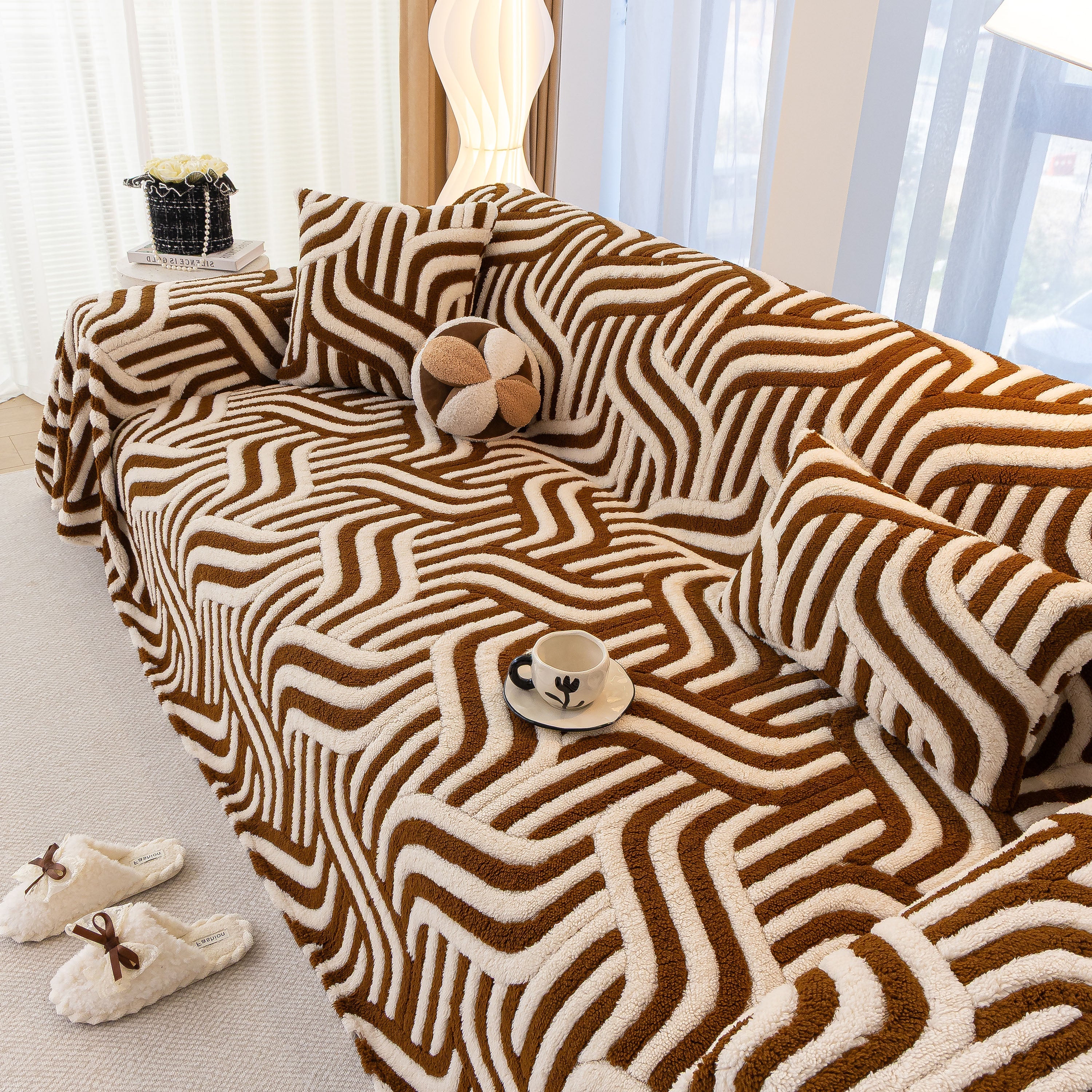 Plush Sherpa Sofa Throw Cover for Sectional, Jacquard Wave Throw Furniture Protector - Image 49