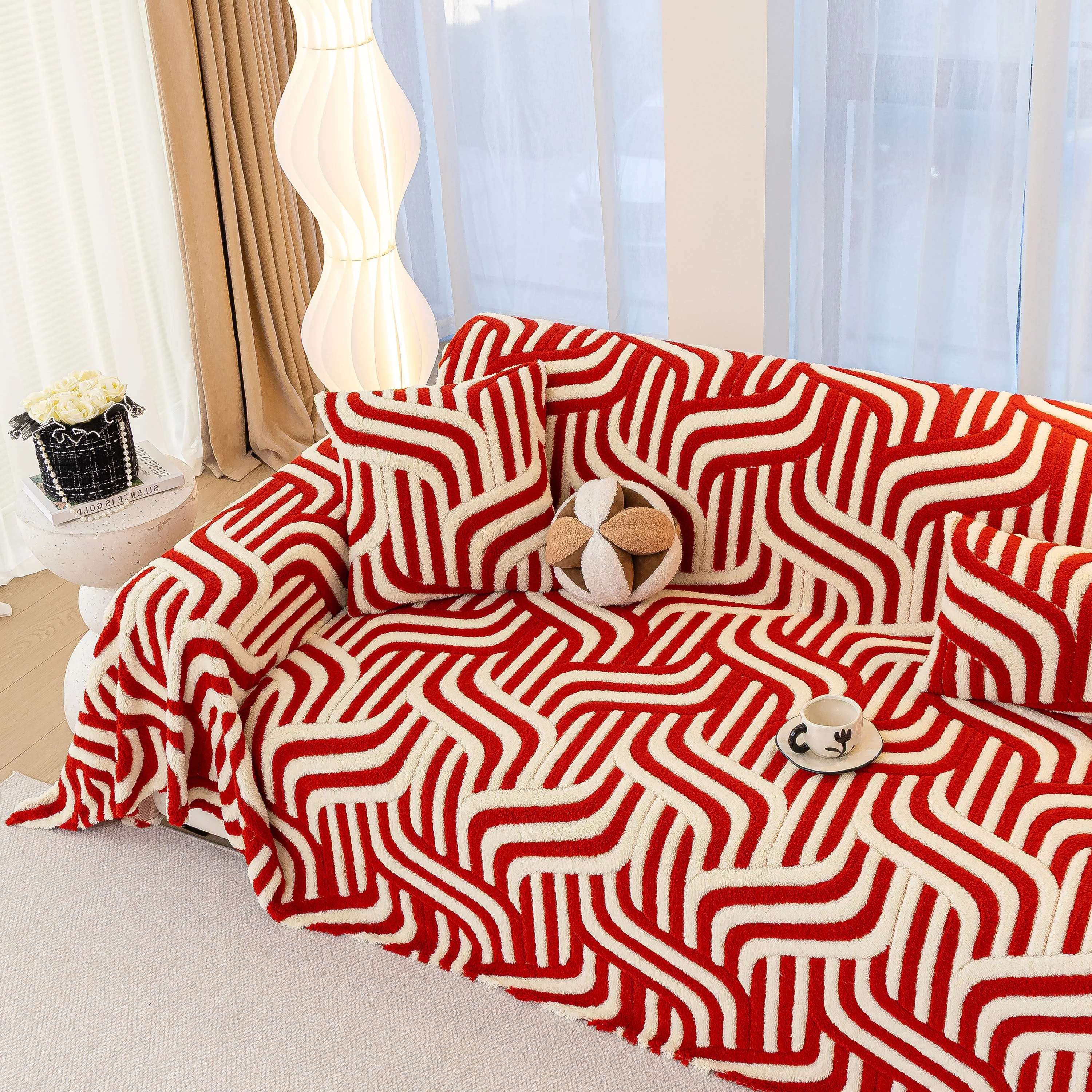Plush Sherpa Sofa Throw Cover for Sectional, Jacquard Wave Throw Furniture Protector - Image 5