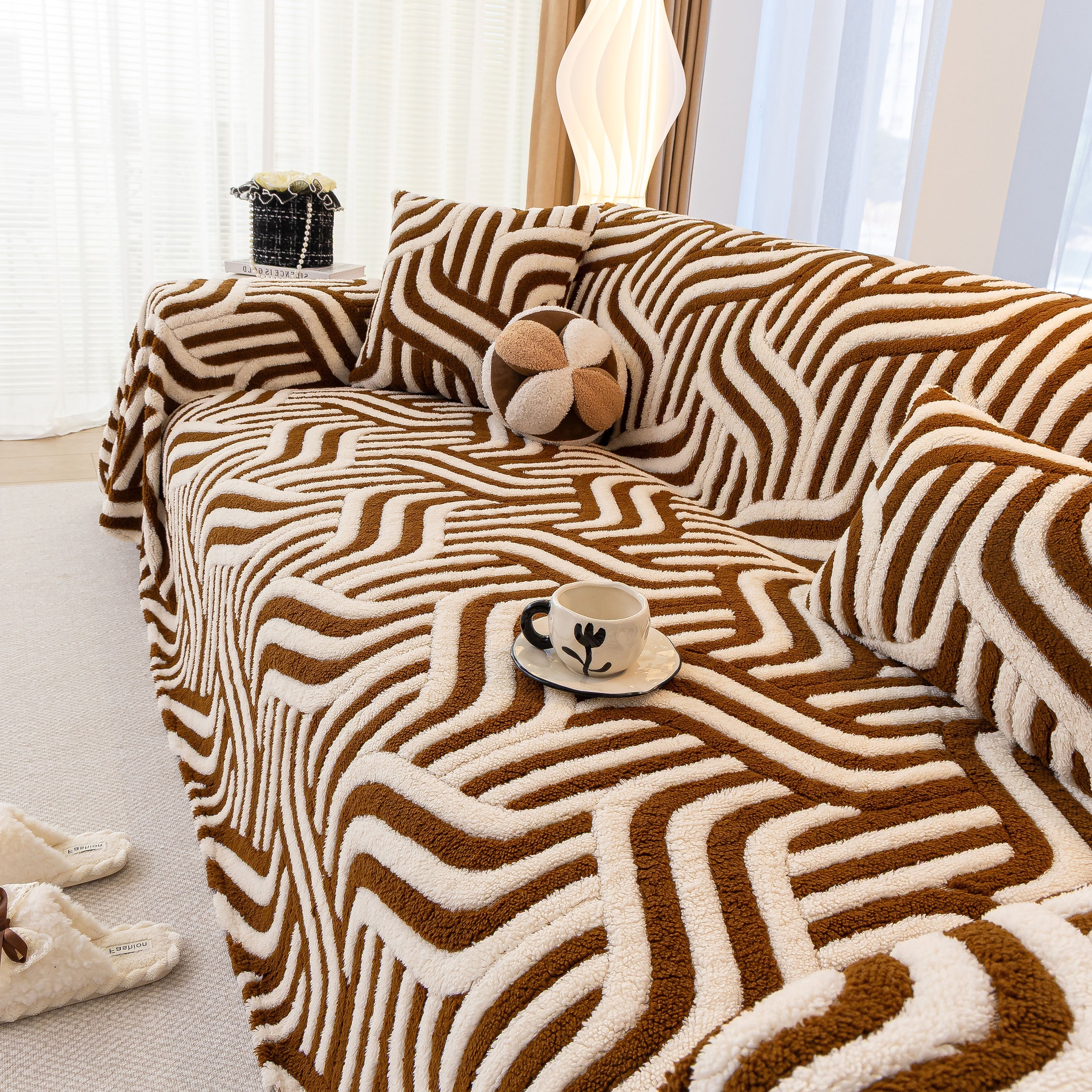 Plush Sherpa Sofa Throw Cover for Sectional, Jacquard Wave Throw Furniture Protector - Image 50