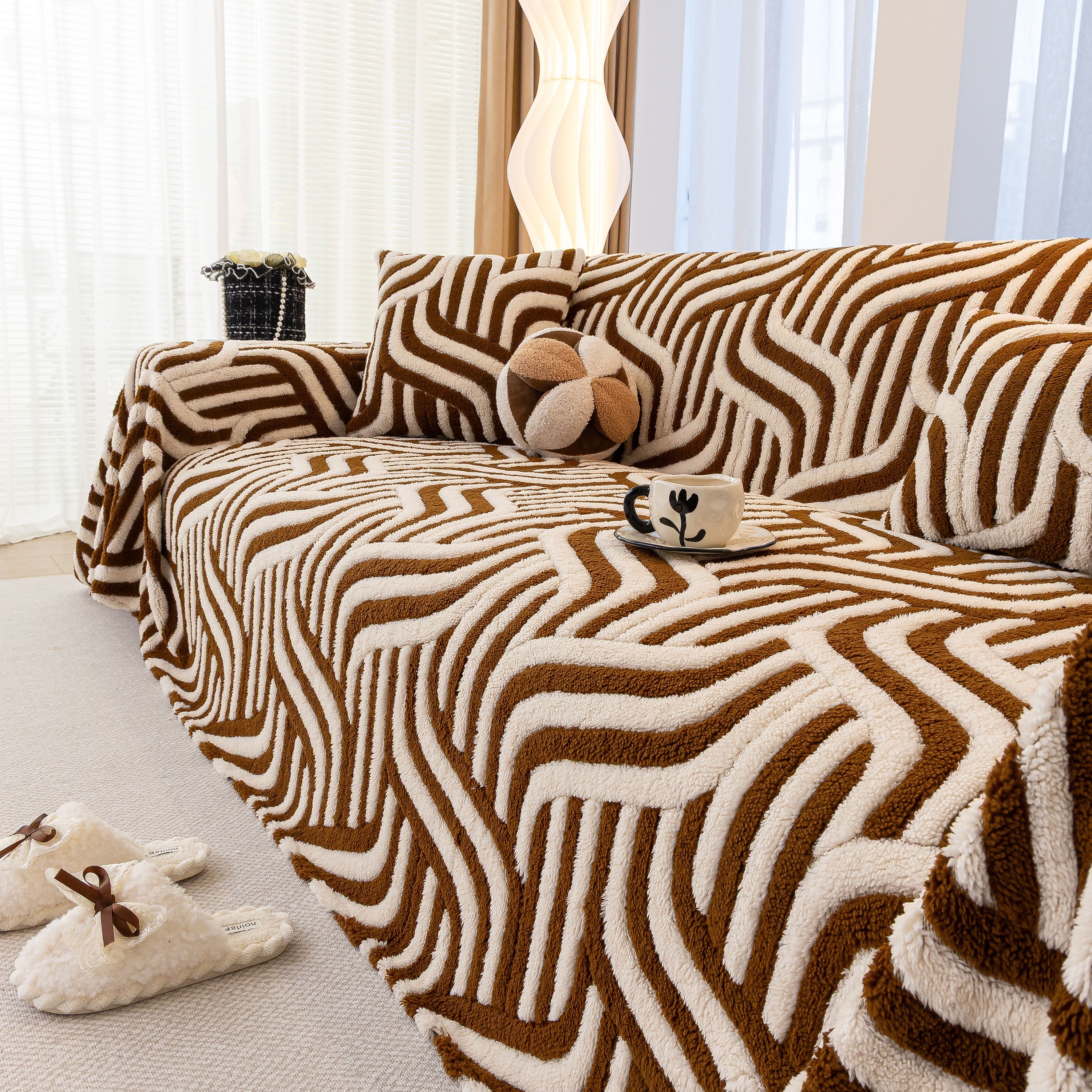 Plush Sherpa Sofa Throw Cover for Sectional, Jacquard Wave Throw Furniture Protector - Image 51