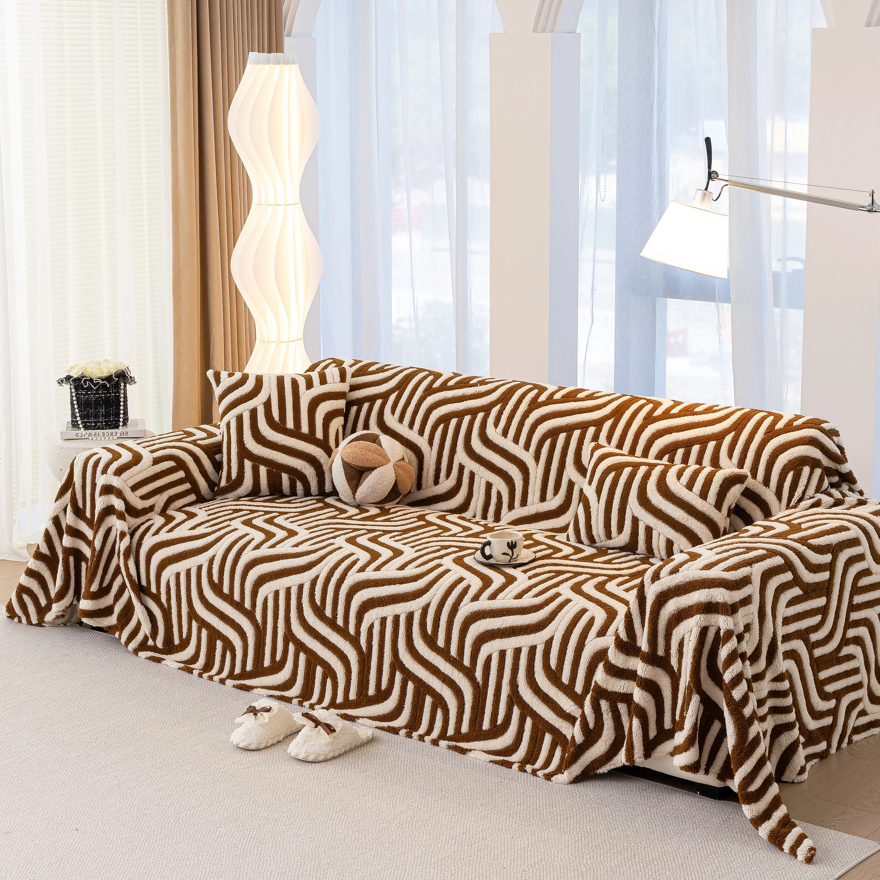 Plush Sherpa Sofa Throw Cover for Sectional, Jacquard Wave Throw Furniture Protector - Image 52