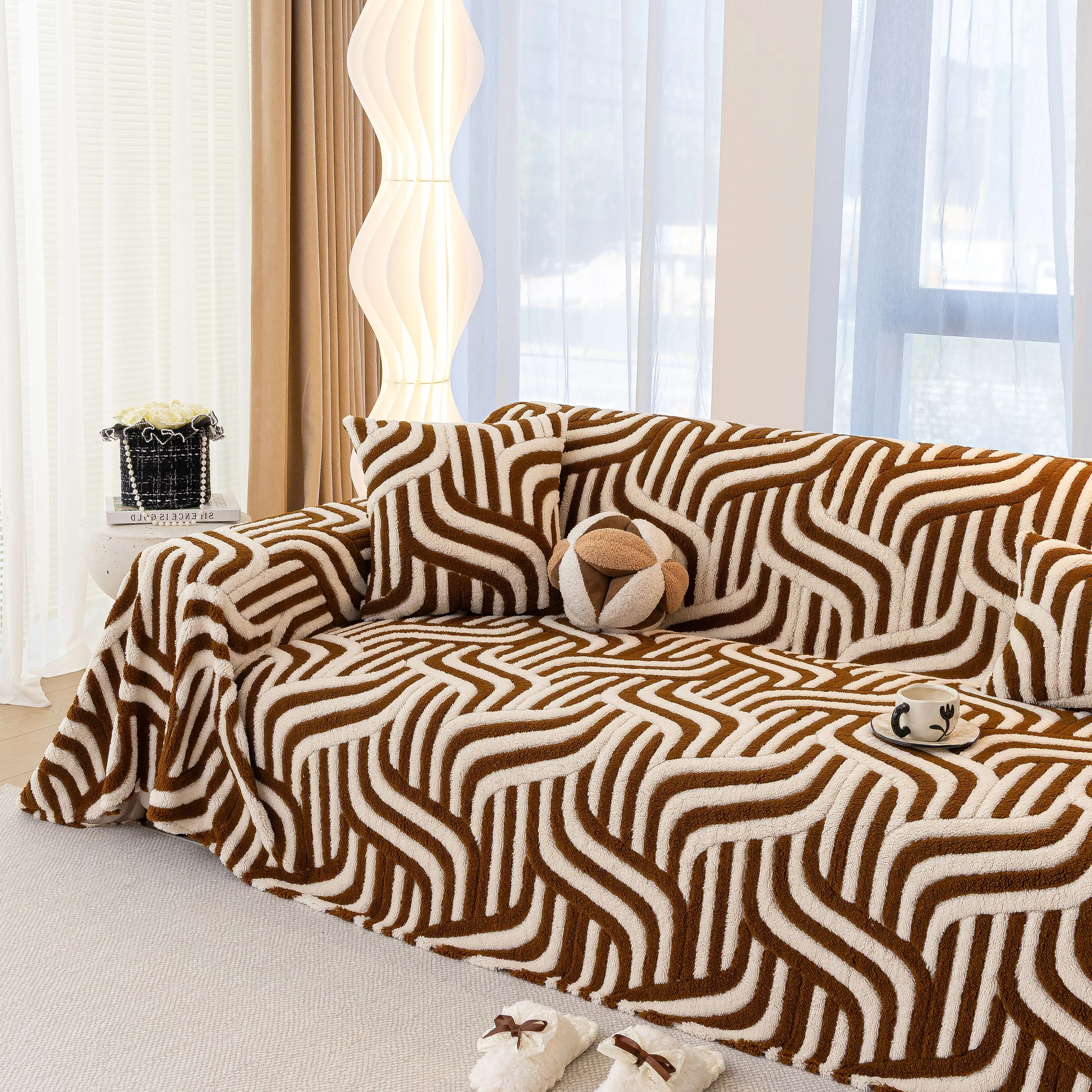 Plush Sherpa Sofa Throw Cover for Sectional, Jacquard Wave Throw Furniture Protector - Image 53