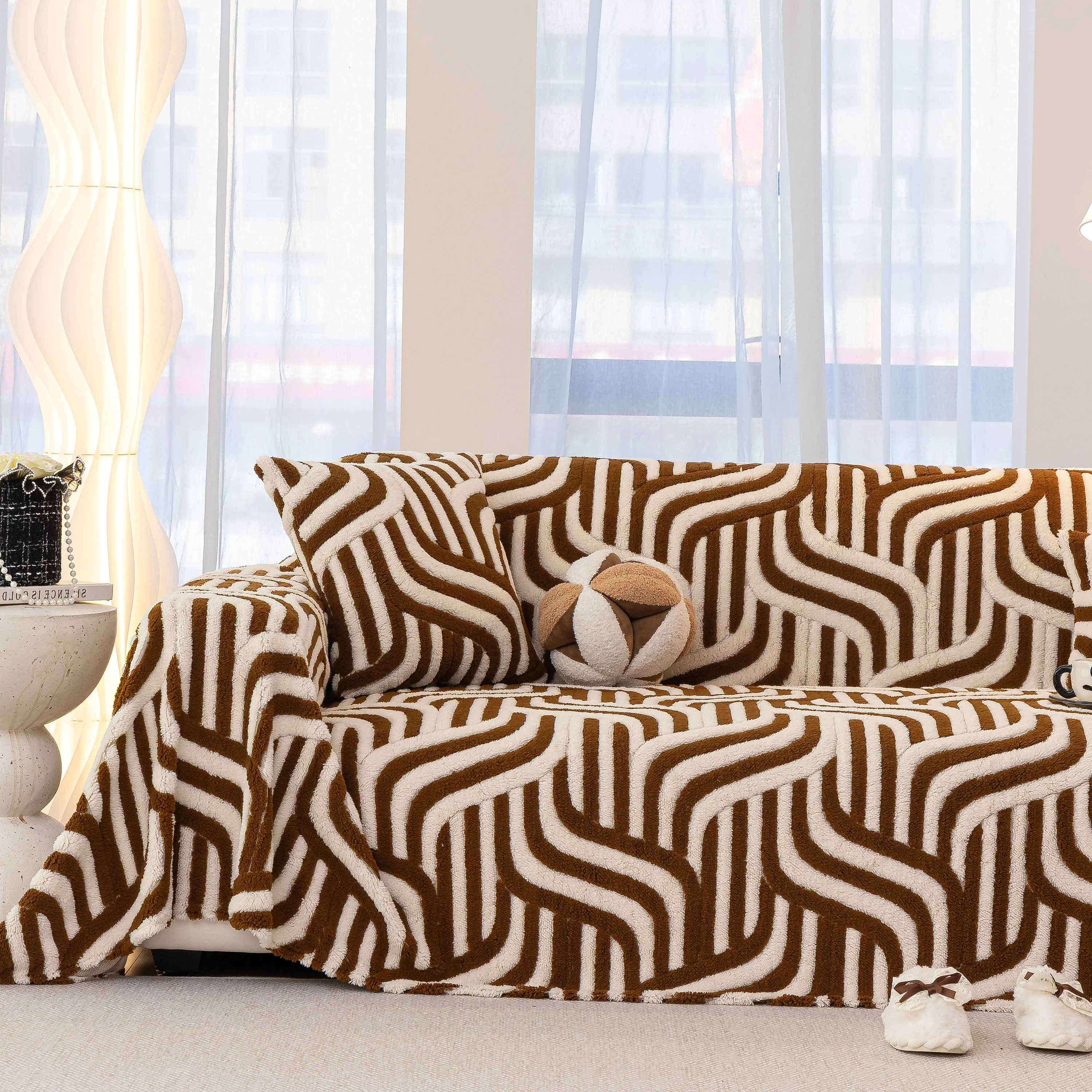 Plush Sherpa Sofa Throw Cover for Sectional, Jacquard Wave Throw Furniture Protector - Image 54