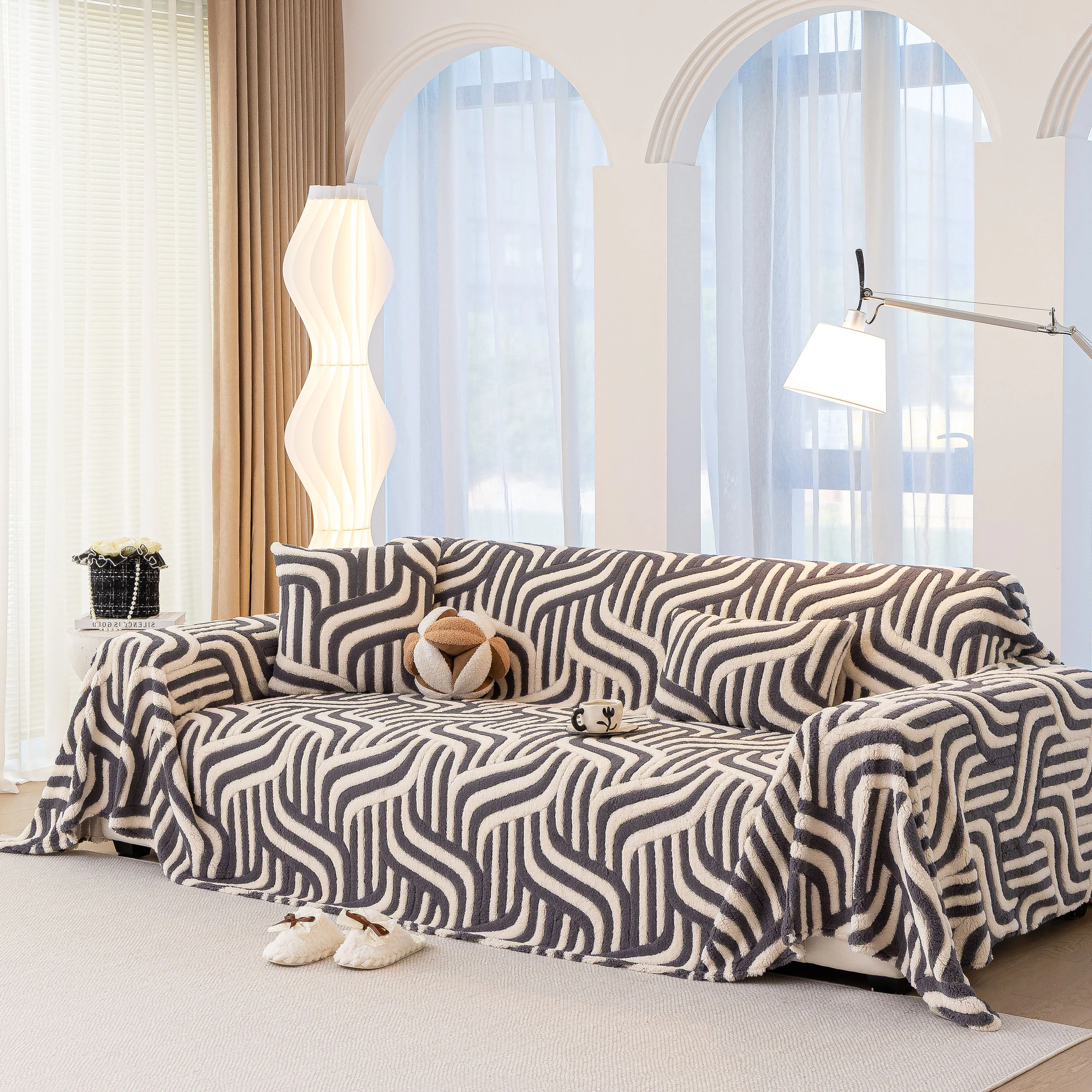 Plush Sherpa Sofa Throw Cover for Sectional, Jacquard Wave Throw Furniture Protector - Image 56