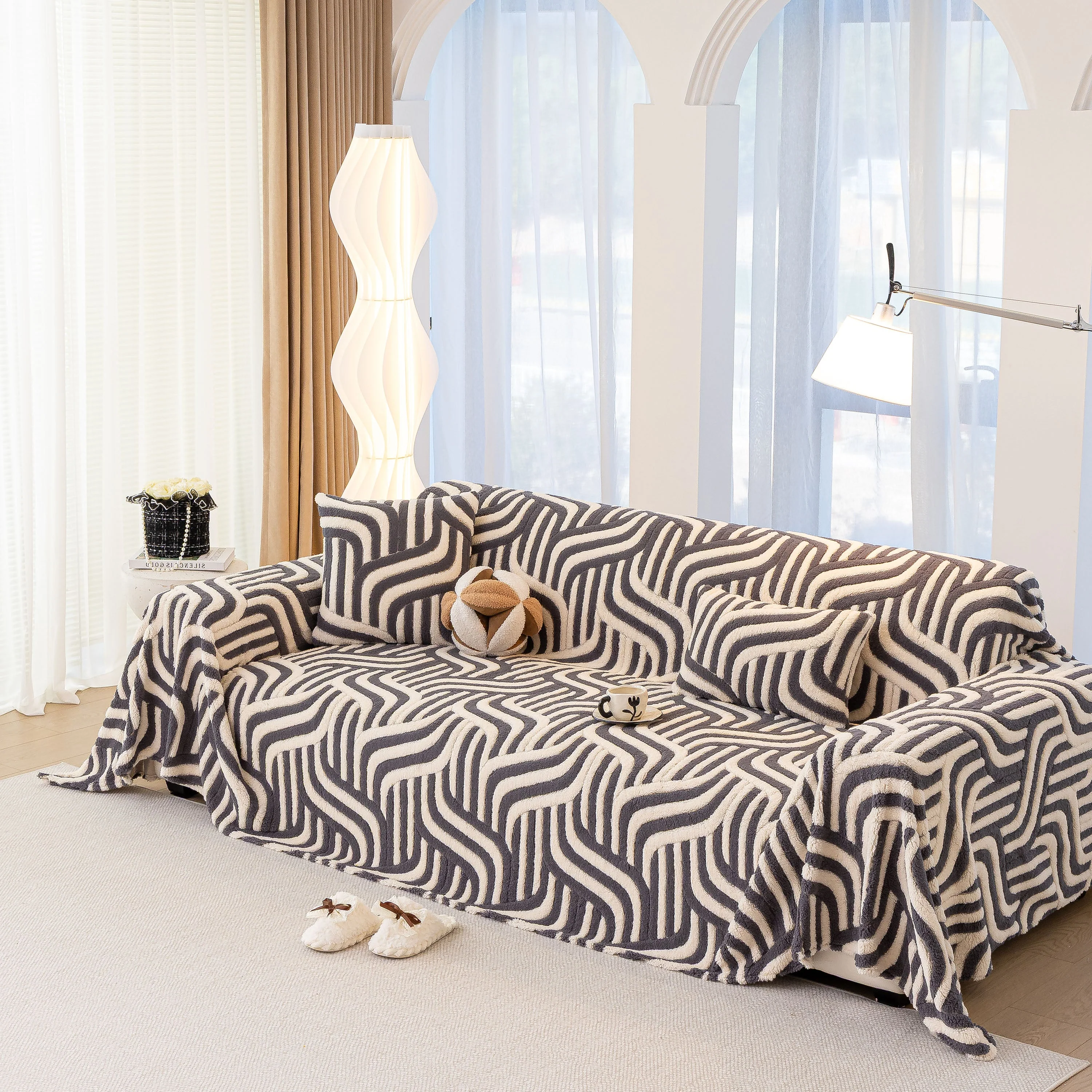 Plush Sherpa Sofa Throw Cover for Sectional, Jacquard Wave Throw Furniture Protector - Image 57