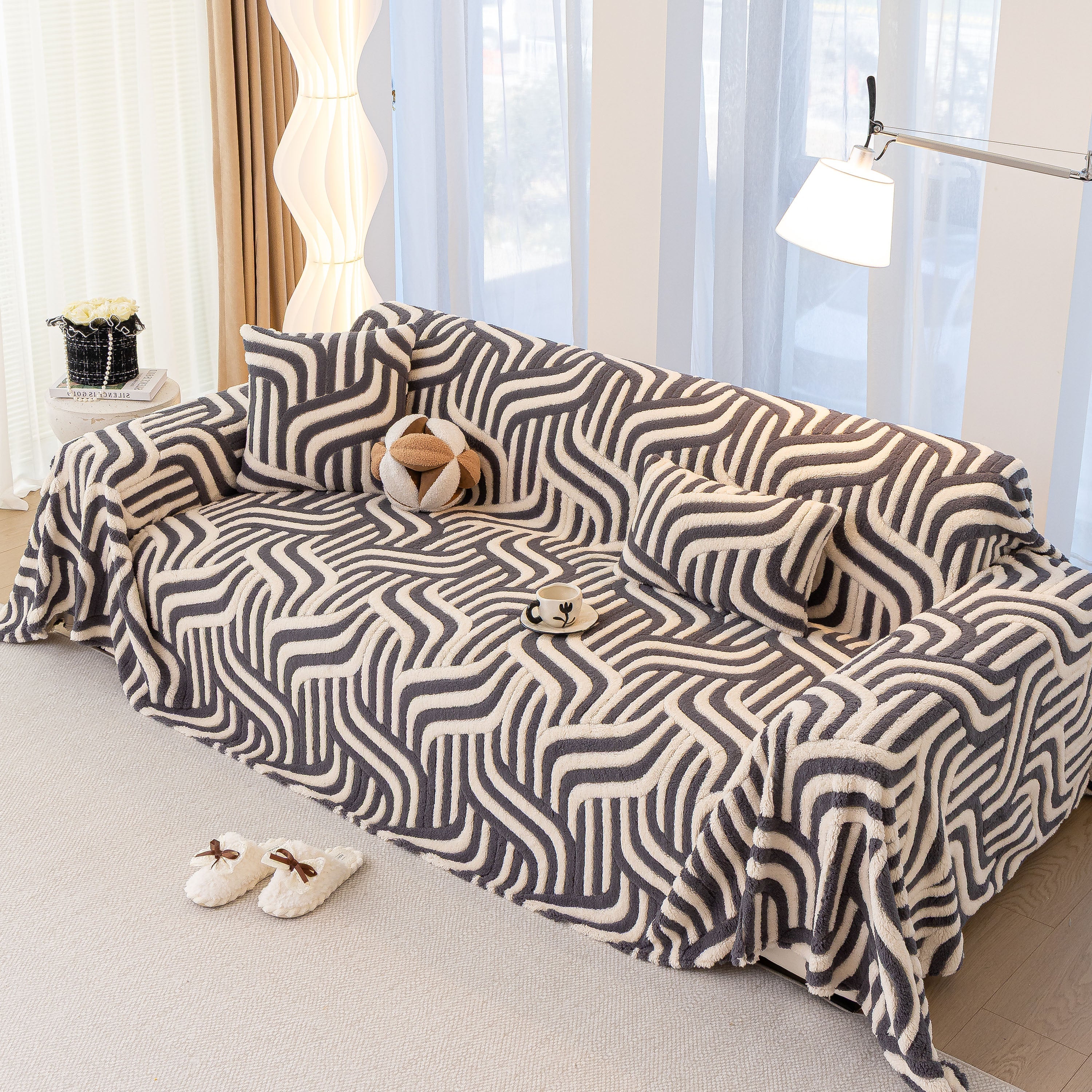 Plush Sherpa Sofa Throw Cover for Sectional, Jacquard Wave Throw Furniture Protector - Image 58