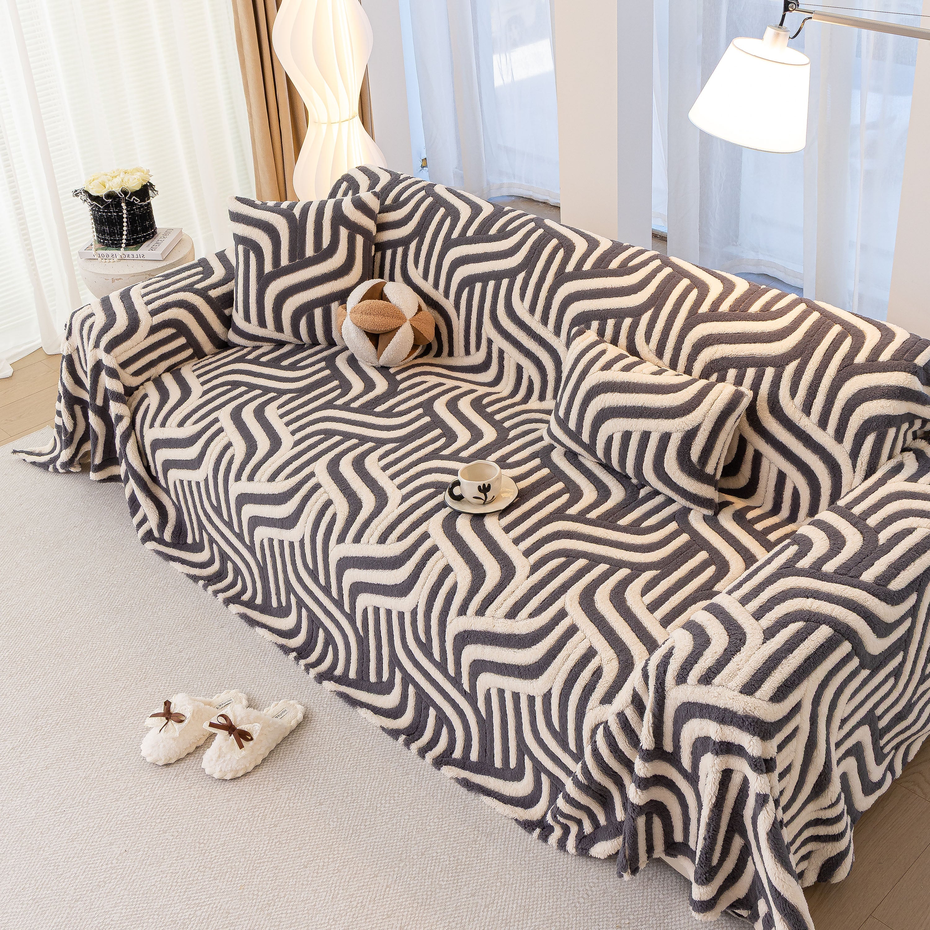 Plush Sherpa Sofa Throw Cover for Sectional, Jacquard Wave Throw Furniture Protector - Image 59