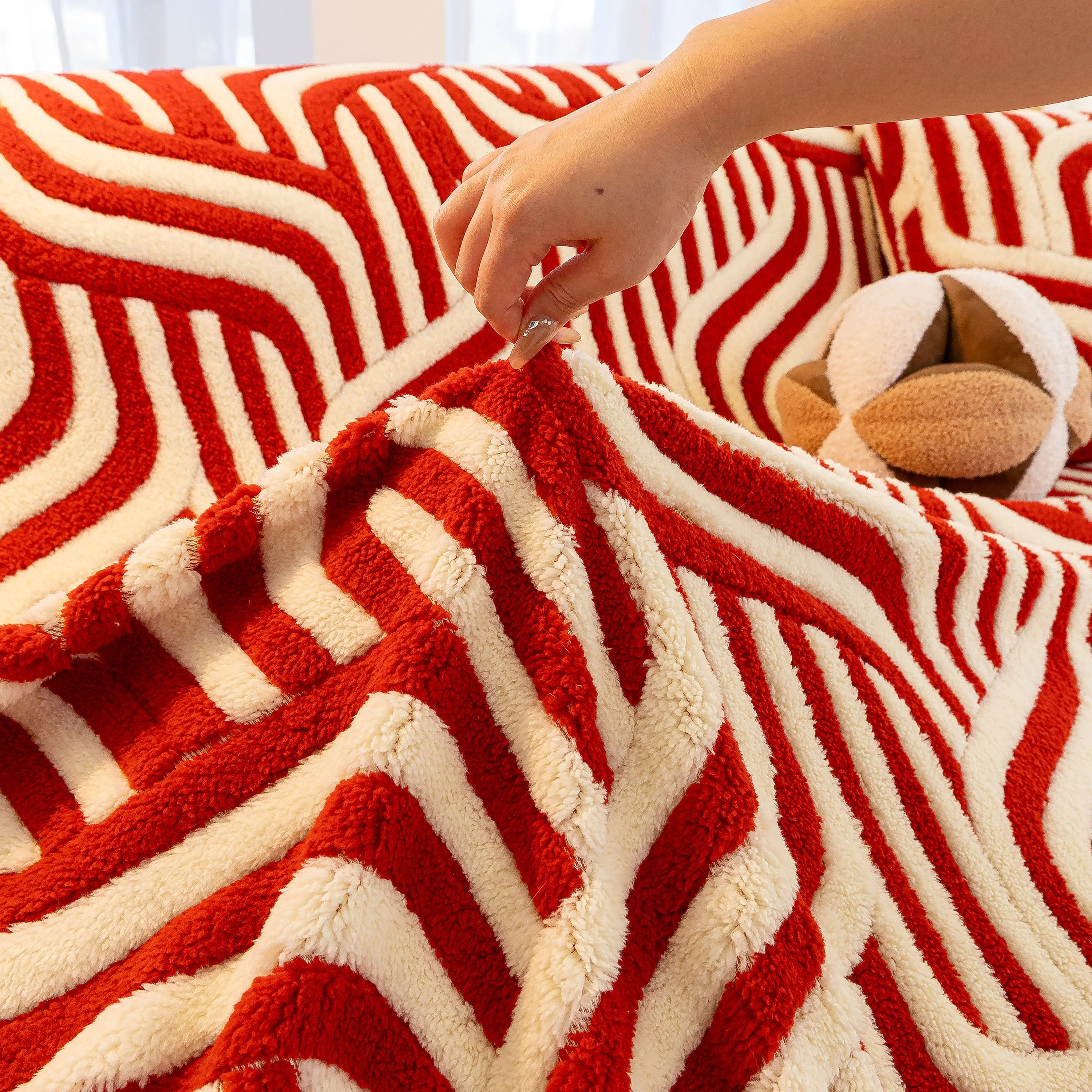 Plush Sherpa Sofa Throw Cover for Sectional, Jacquard Wave Throw Furniture Protector - Image 6