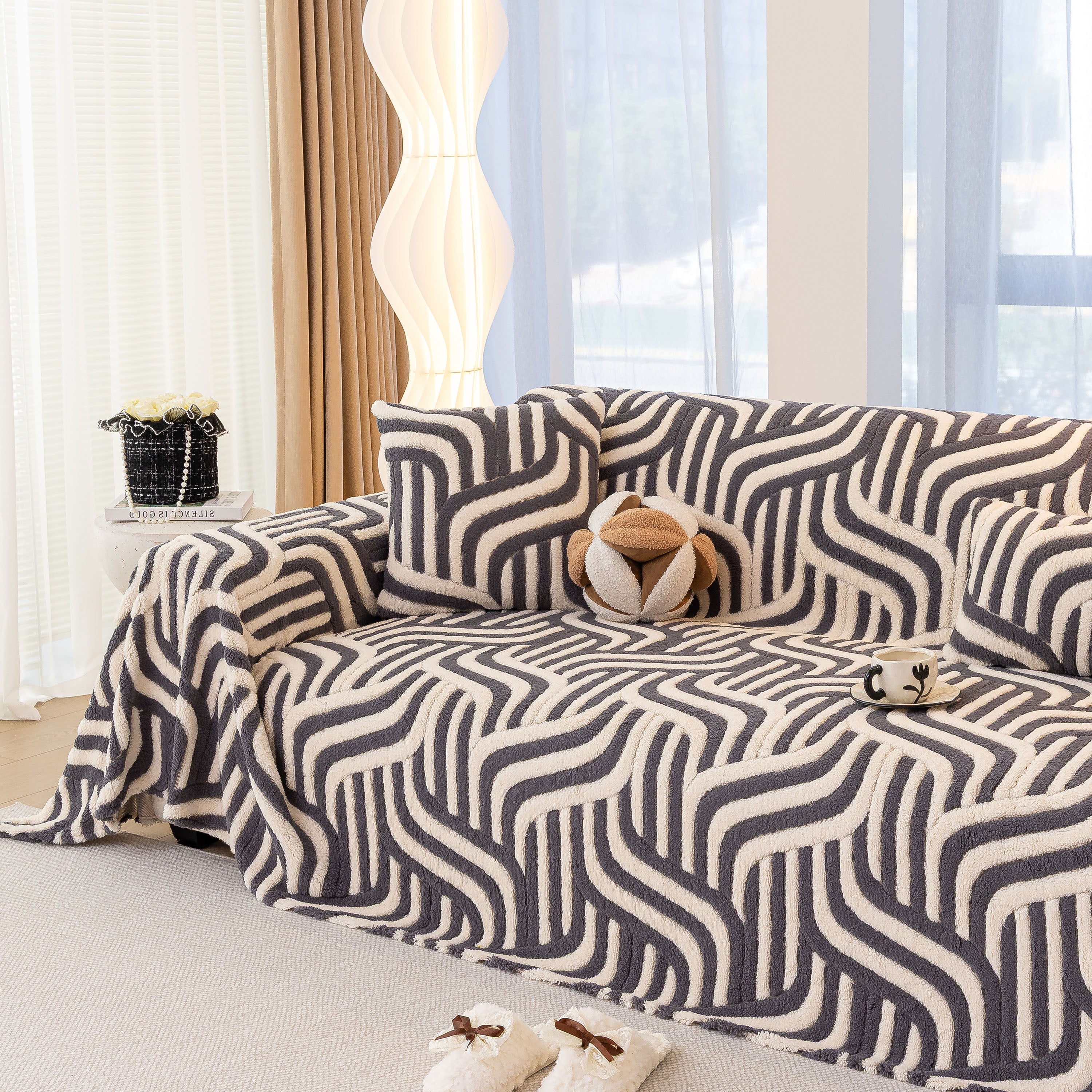 Plush Sherpa Sofa Throw Cover for Sectional, Jacquard Wave Throw Furniture Protector - Image 60