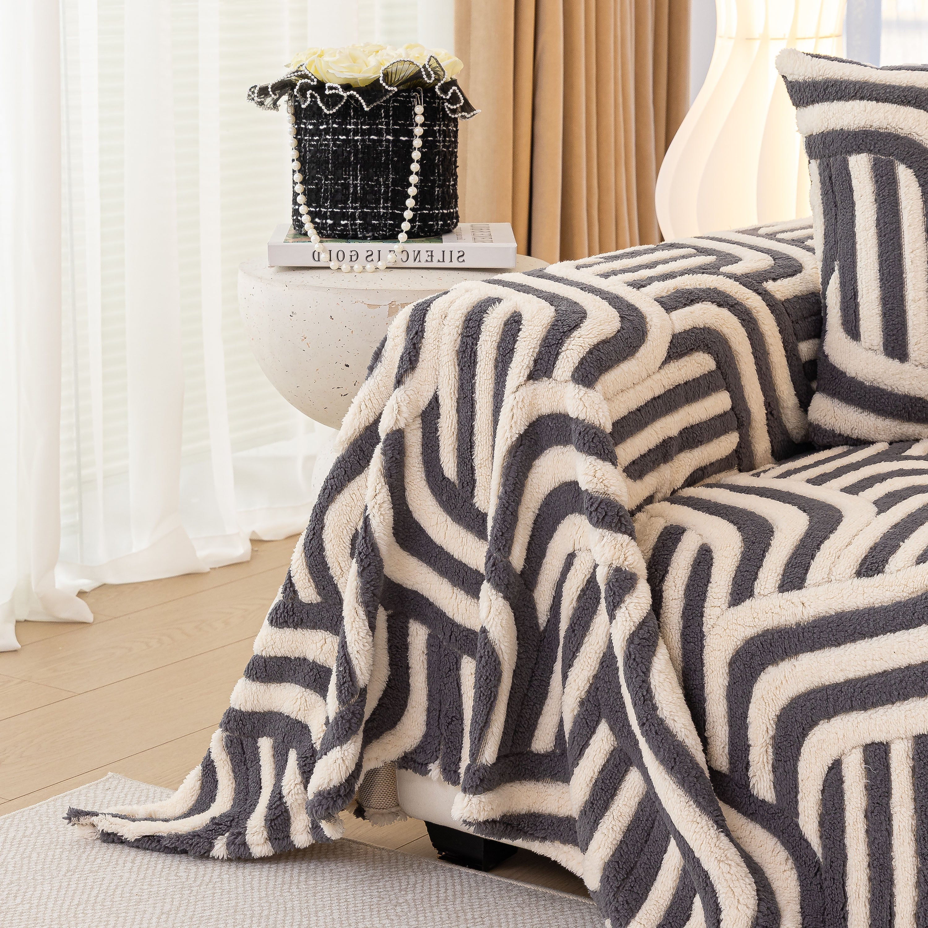 Plush Sherpa Sofa Throw Cover for Sectional, Jacquard Wave Throw Furniture Protector - Image 61