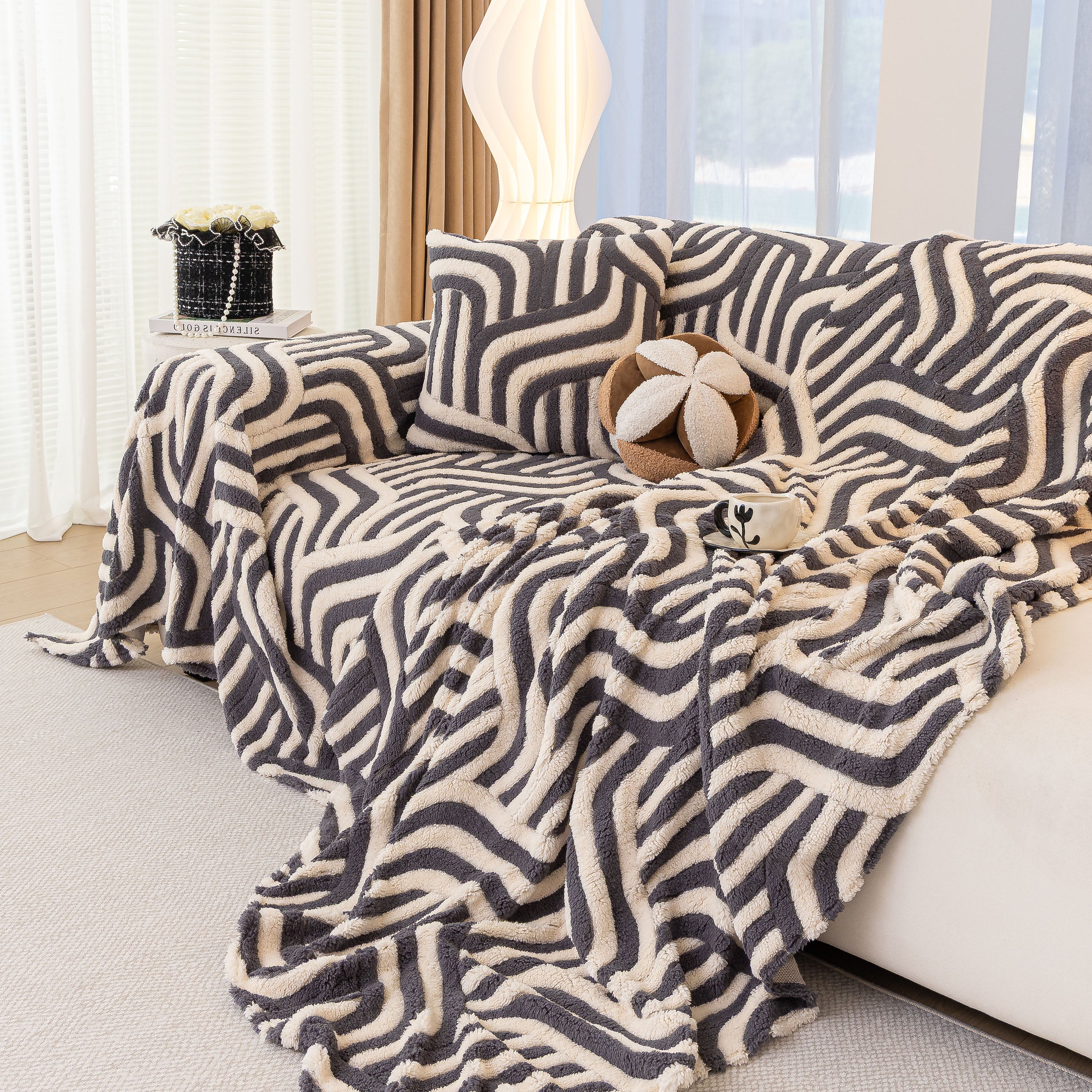 Plush Sherpa Sofa Throw Cover for Sectional, Jacquard Wave Throw Furniture Protector - Image 67
