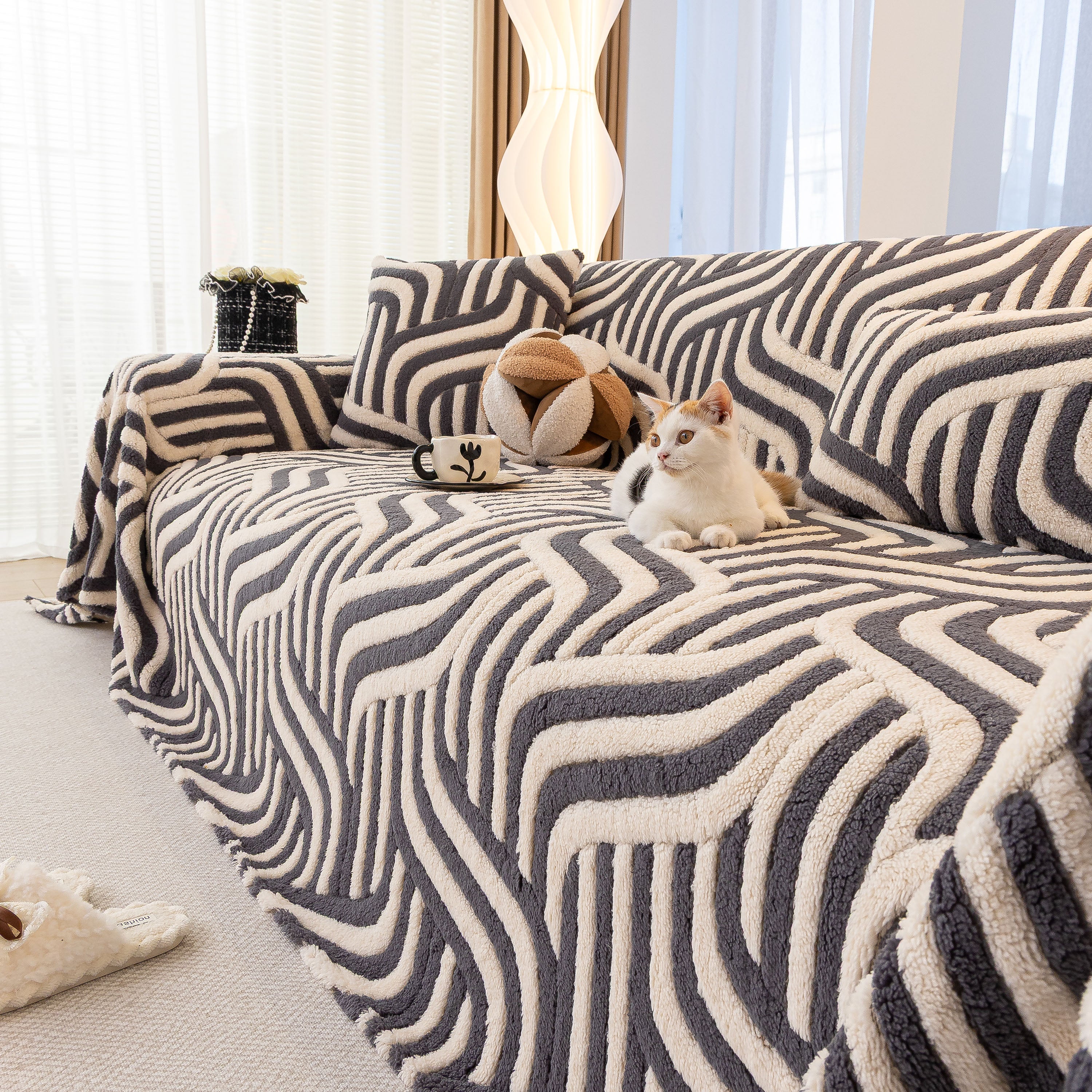 Plush Sherpa Sofa Throw Cover for Sectional, Jacquard Wave Throw Furniture Protector - Image 73