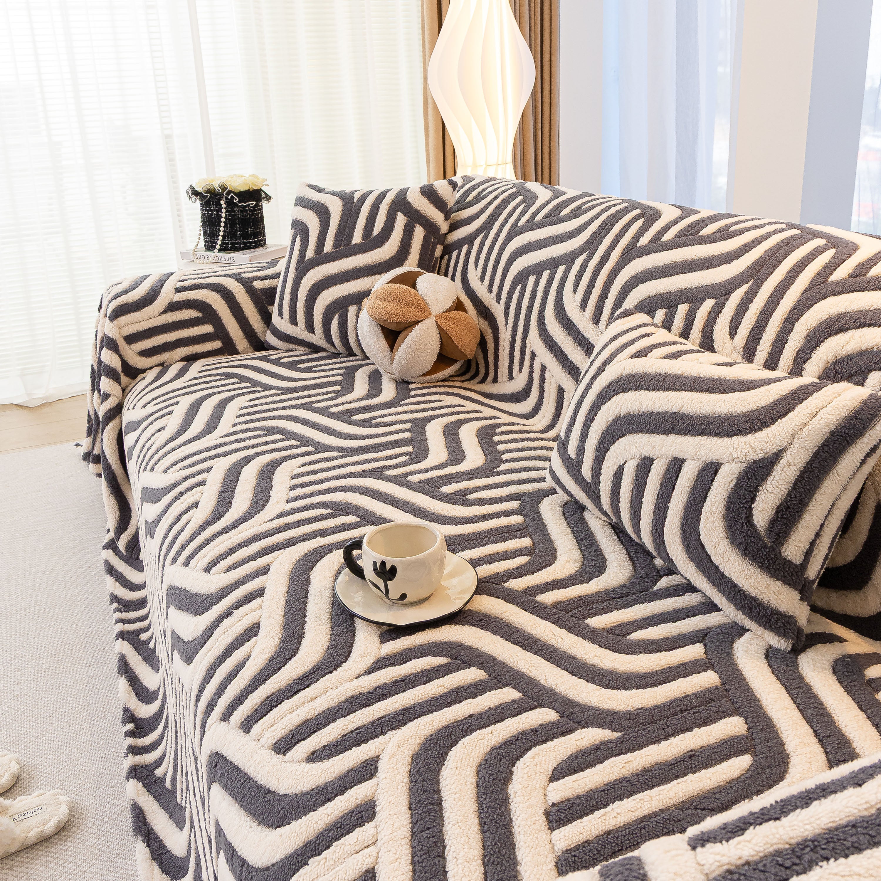 Plush Sherpa Sofa Throw Cover for Sectional, Jacquard Wave Throw Furniture Protector - Image 75